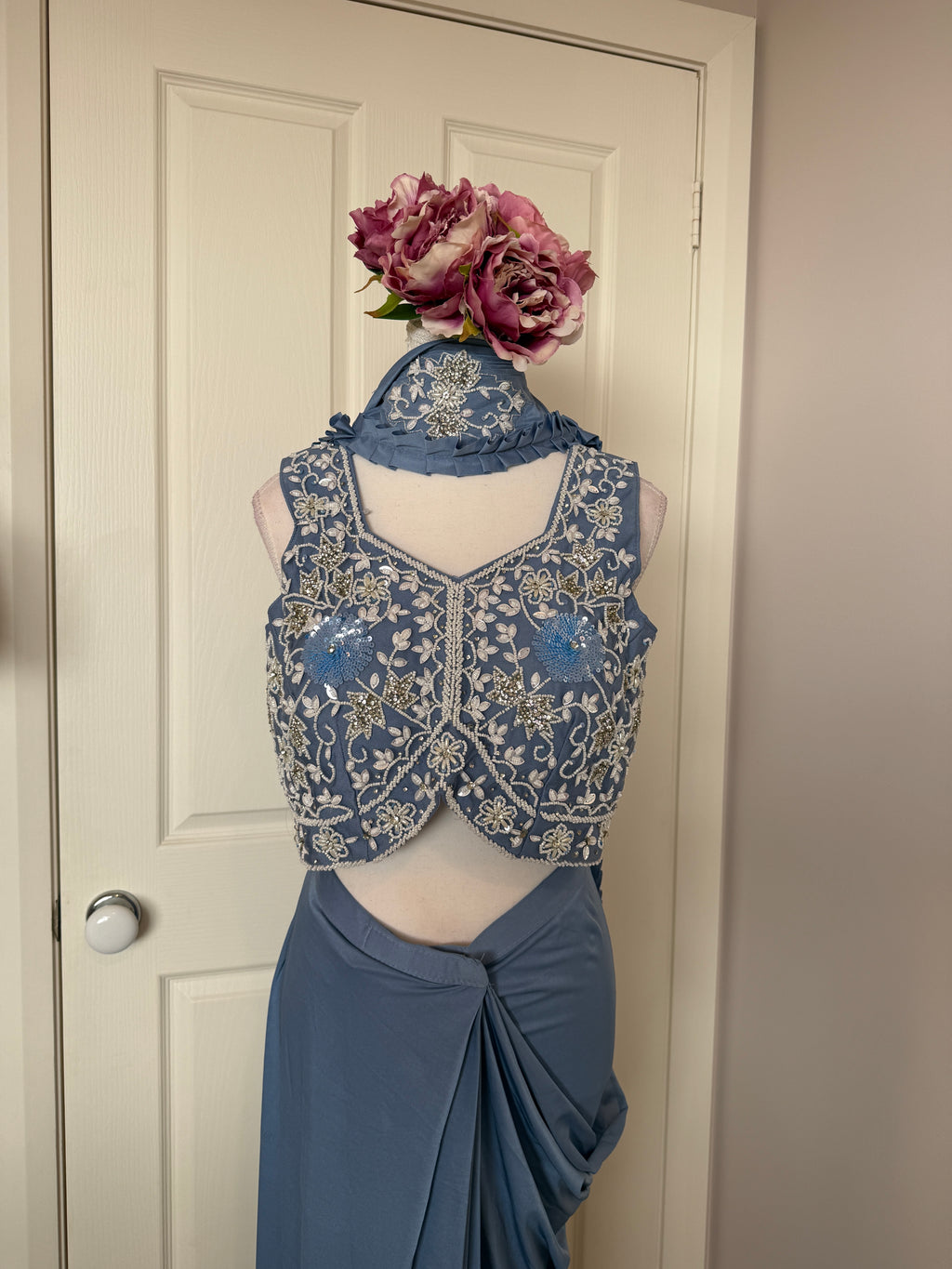 Dusty Blue Ready-to-Wear Drape Saree with Embroidered Designer Blouse & Detachable Belt