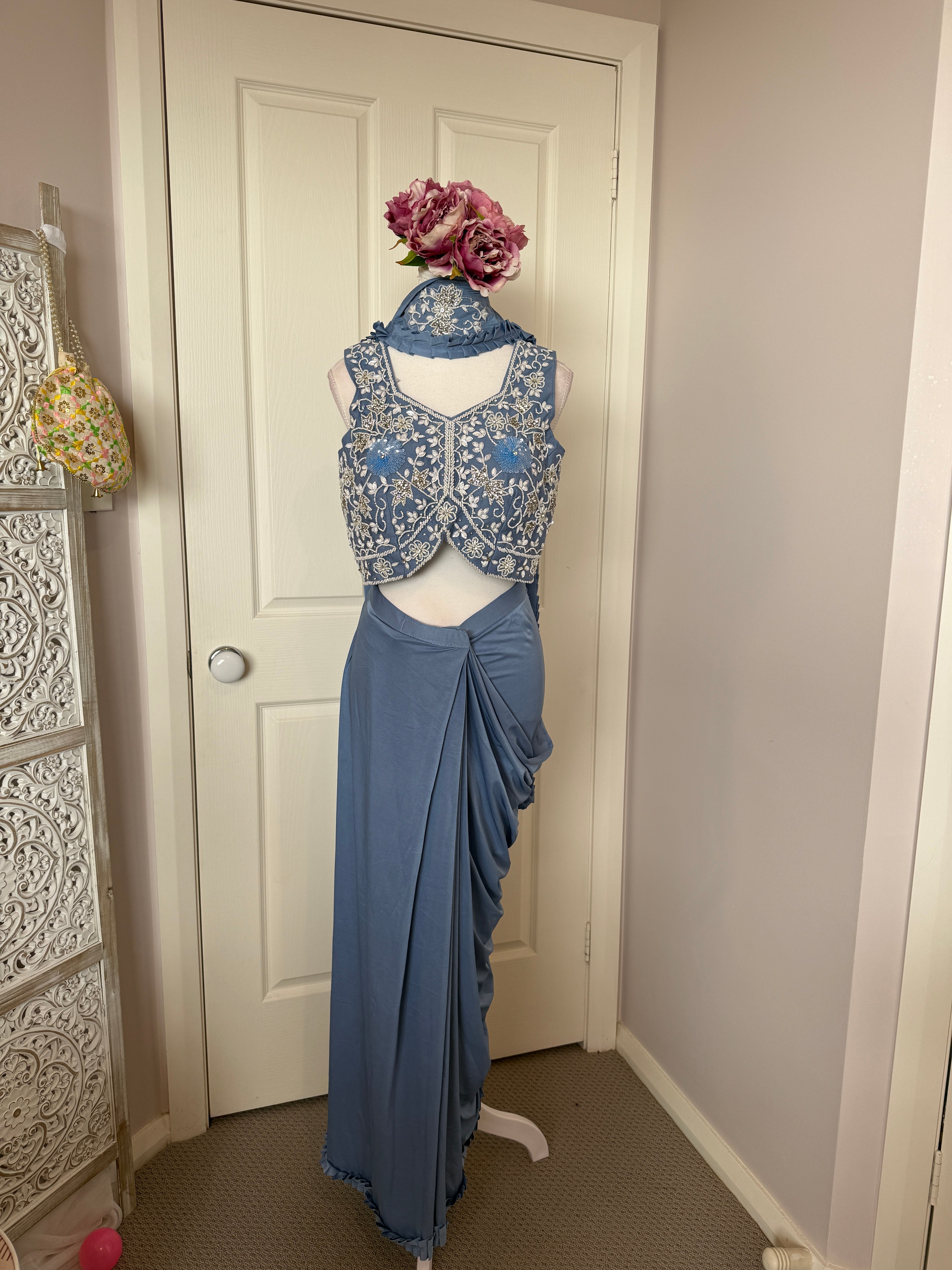 Dusty Blue Ready-to-Wear Drape Saree with Embroidered Designer Blouse & Detachable Belt