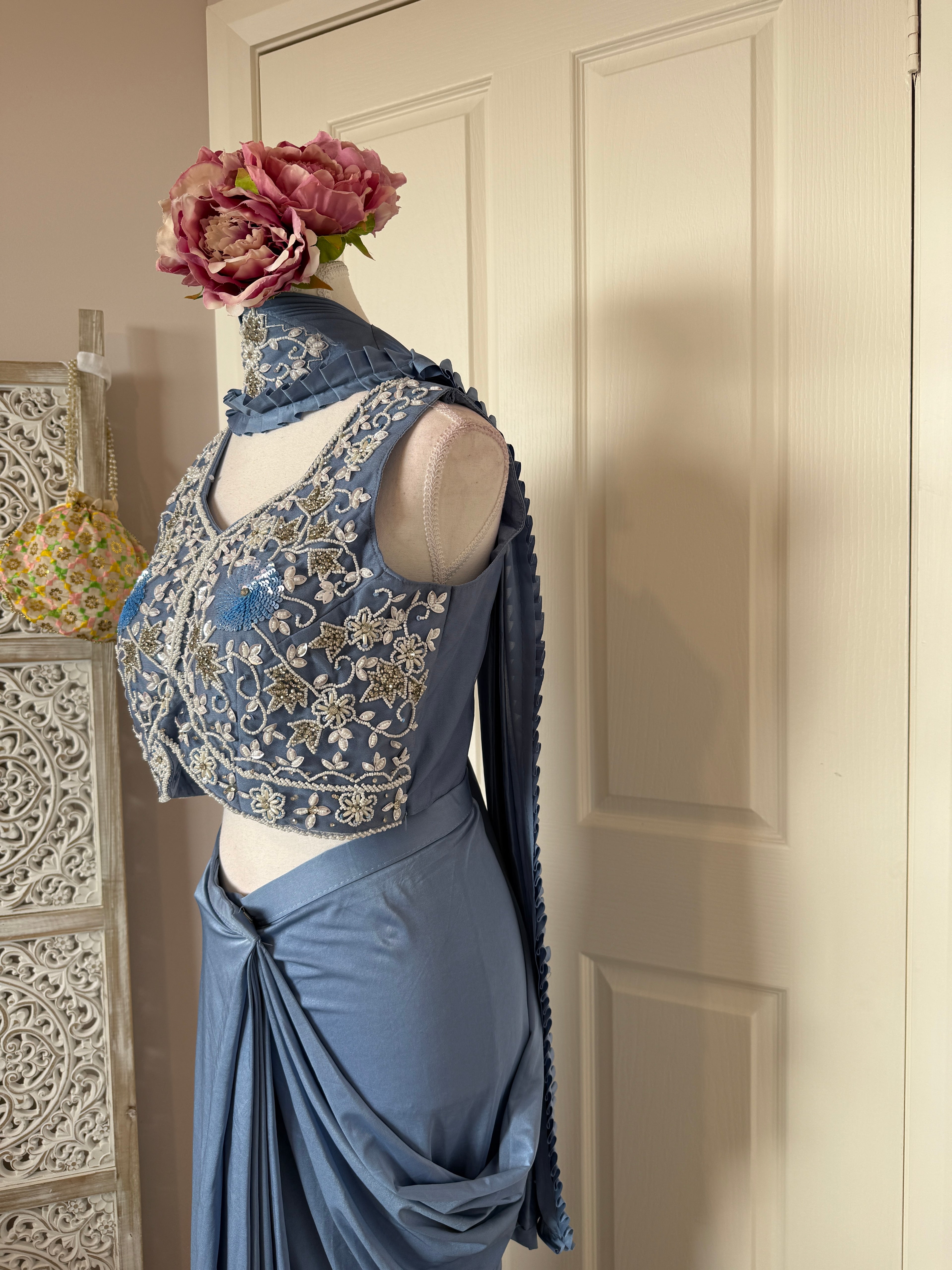 Dusty Blue Ready-to-Wear Drape Saree with Embroidered Designer Blouse & Detachable Belt