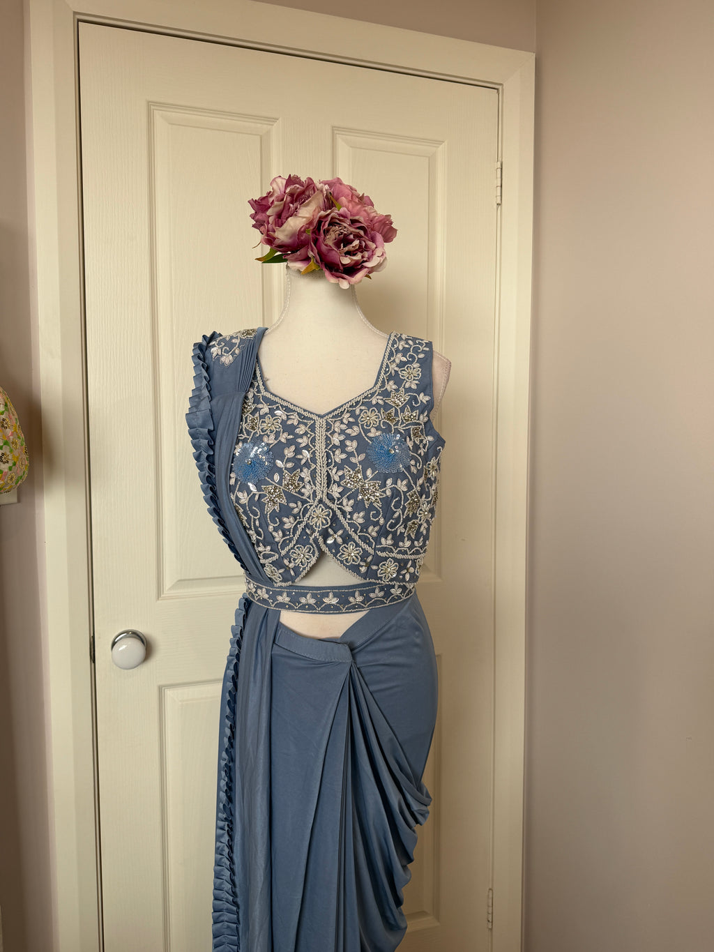 Dusty Blue Ready-to-Wear Drape Saree with Embroidered Designer Blouse & Detachable Belt