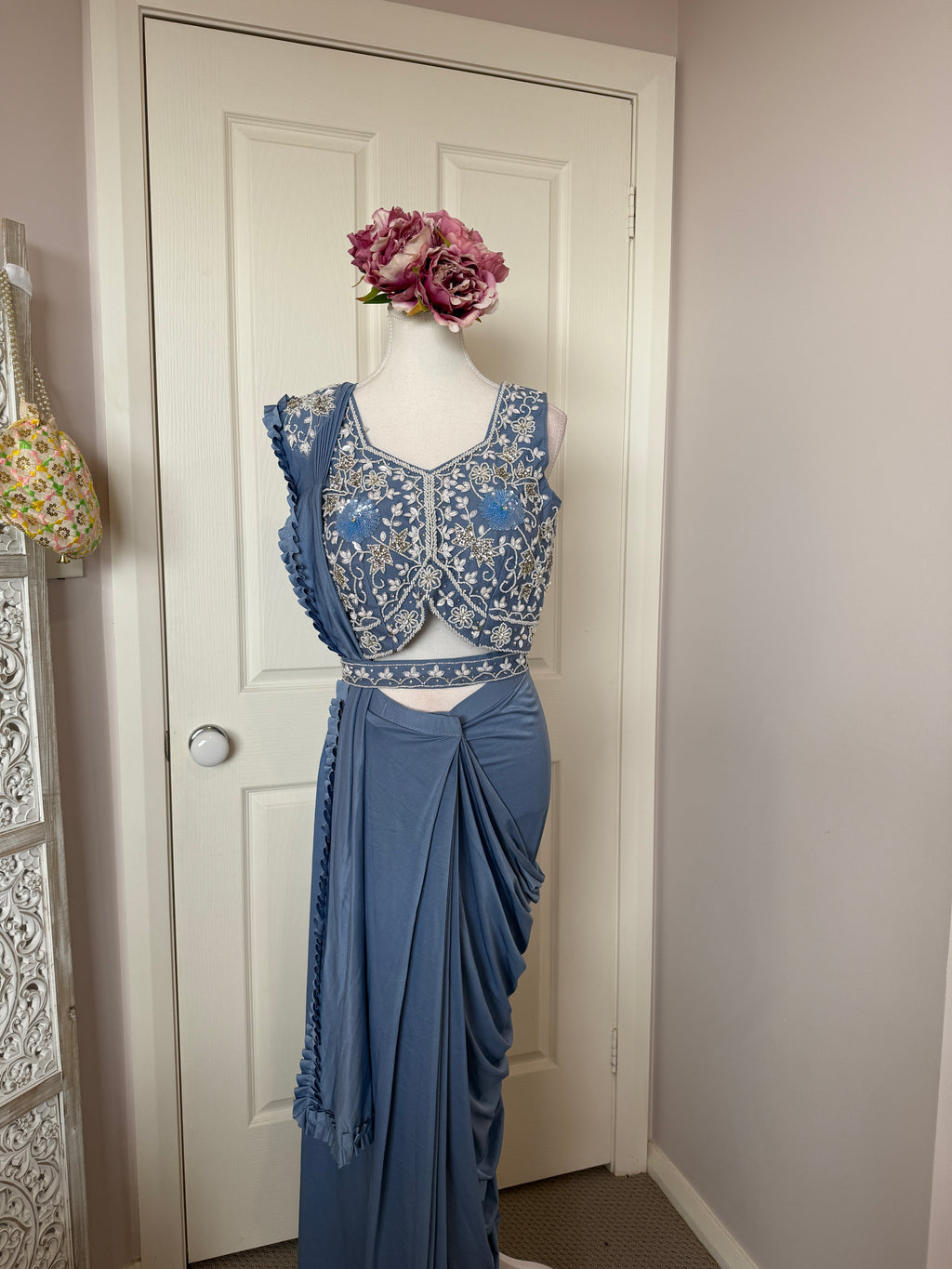 Dusty Blue Ready-to-Wear Drape Saree with Embroidered Designer Blouse & Detachable Belt
