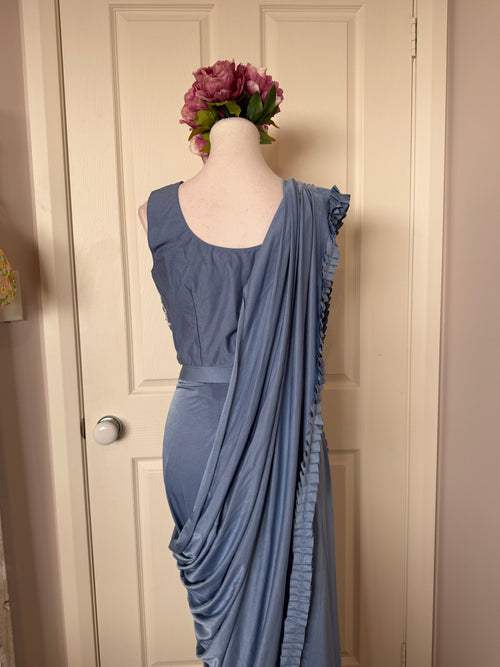 Dusty Blue Ready-to-Wear Drape Saree with Embroidered Designer Blouse & Detachable Belt