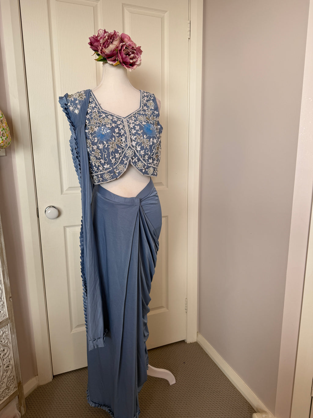 Dusty Blue Ready-to-Wear Drape Saree with Embroidered Designer Blouse & Detachable Belt