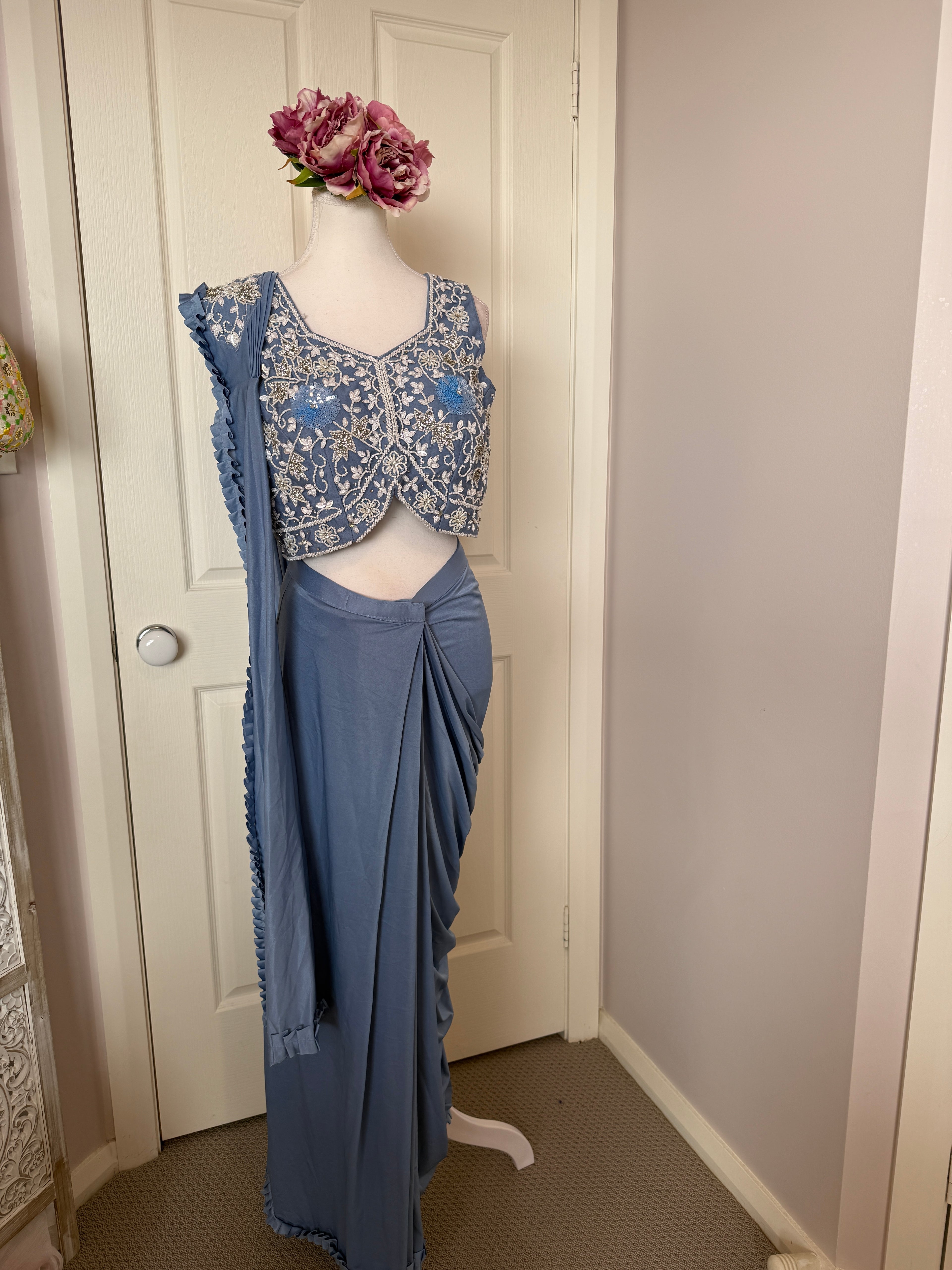 Dusty Blue Ready-to-Wear Drape Saree with Embroidered Designer Blouse & Detachable Belt