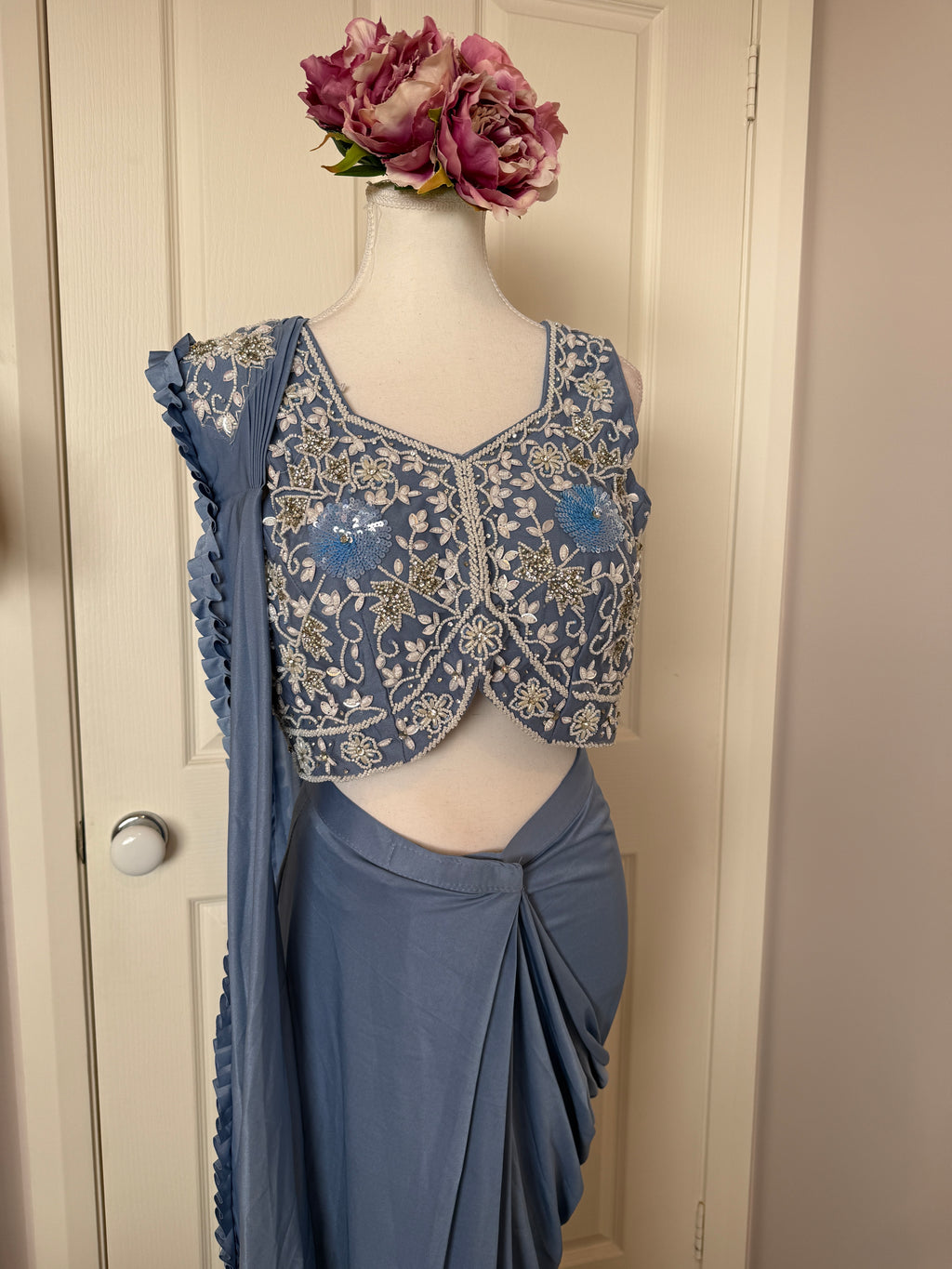Dusty Blue Ready-to-Wear Drape Saree with Embroidered Designer Blouse & Detachable Belt