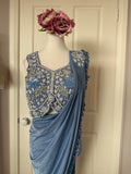 Dusty Blue Ready-to-Wear Drape Saree with Embroidered Designer Blouse & Detachable Belt