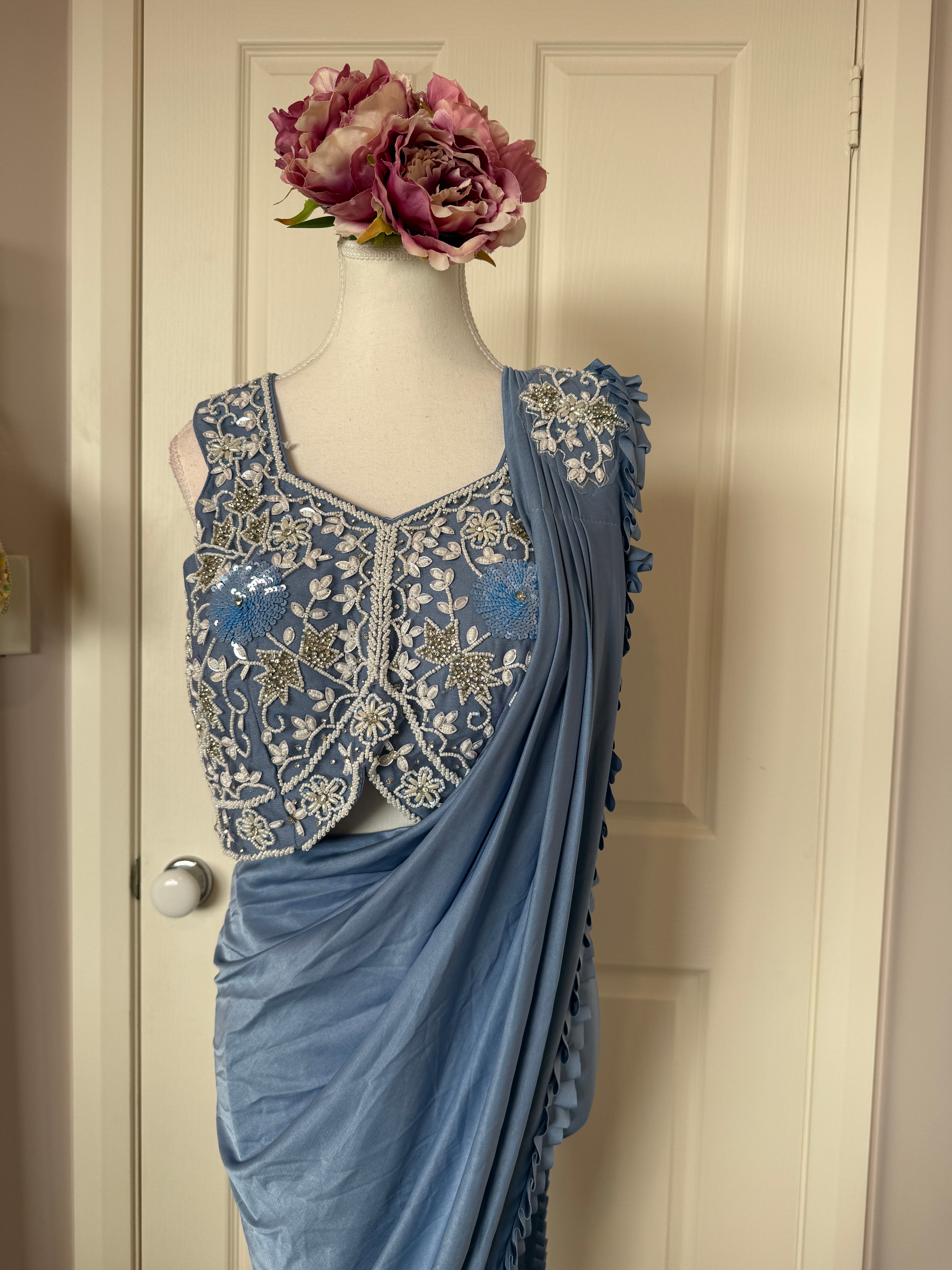 Dusty Blue Ready-to-Wear Drape Saree with Embroidered Designer Blouse & Detachable Belt