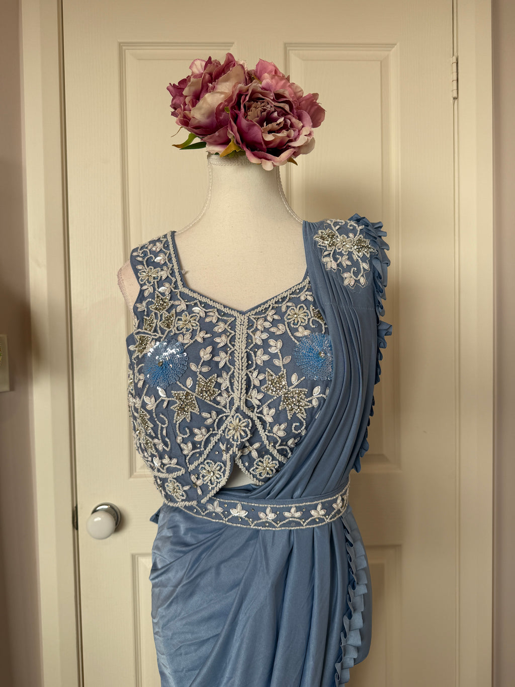 Dusty Blue Ready-to-Wear Drape Saree with Embroidered Designer Blouse & Detachable Belt