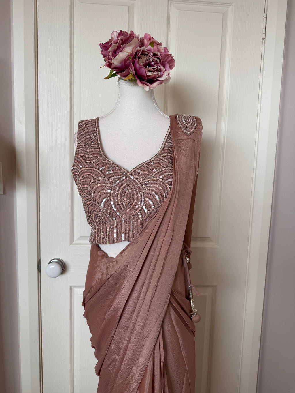 Rose Gold Ready-to-Wear Drape Saree with Sequinned Designer Blouse & Embellished Belt