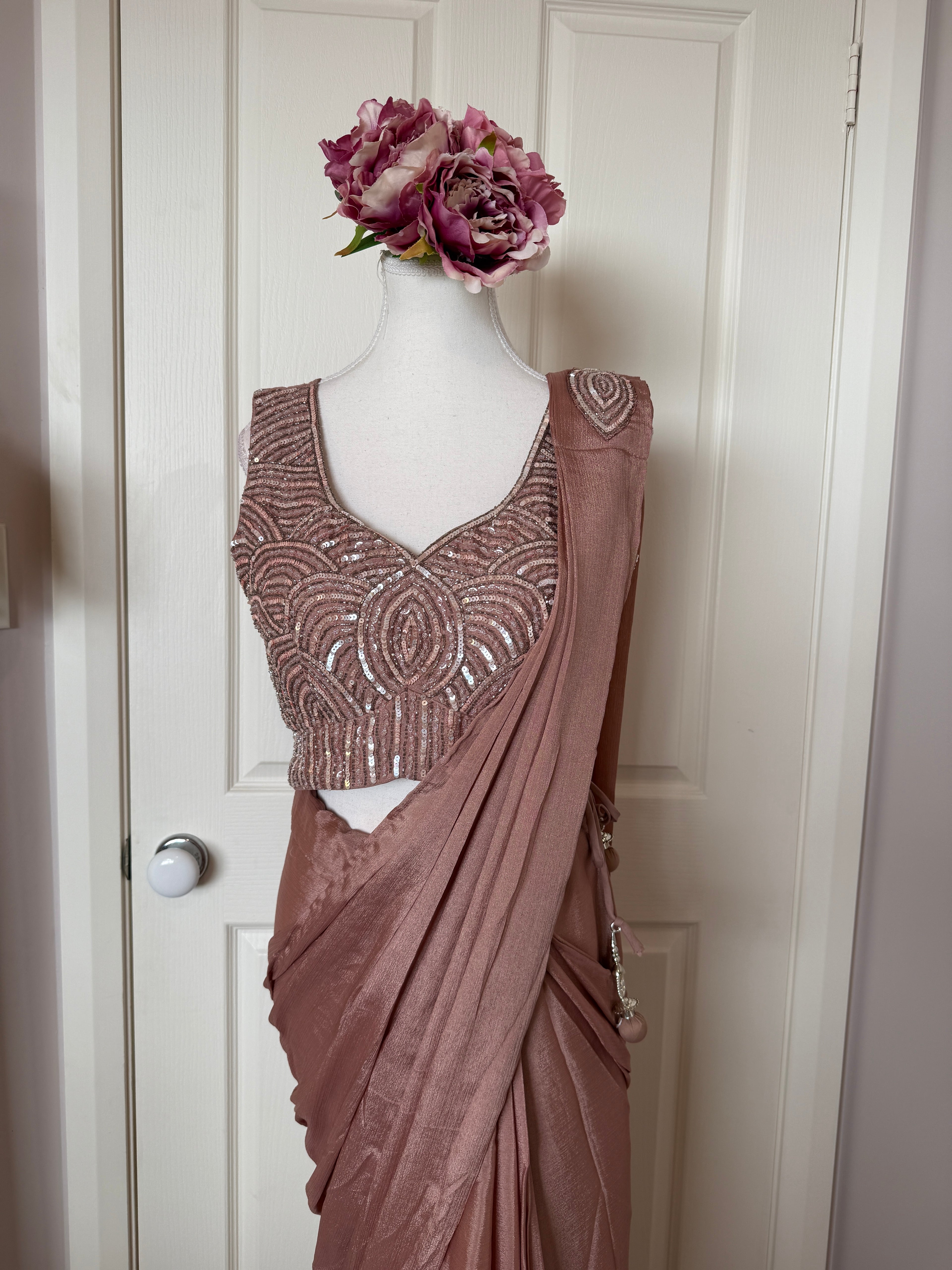 Rose Gold Ready-to-Wear Drape Saree with Sequinned Designer Blouse & Embellished Belt