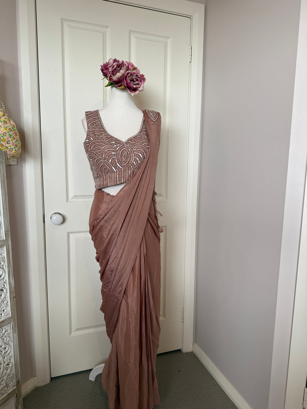 Rose Gold Ready-to-Wear Drape Saree with Sequinned Designer Blouse & Embellished Belt