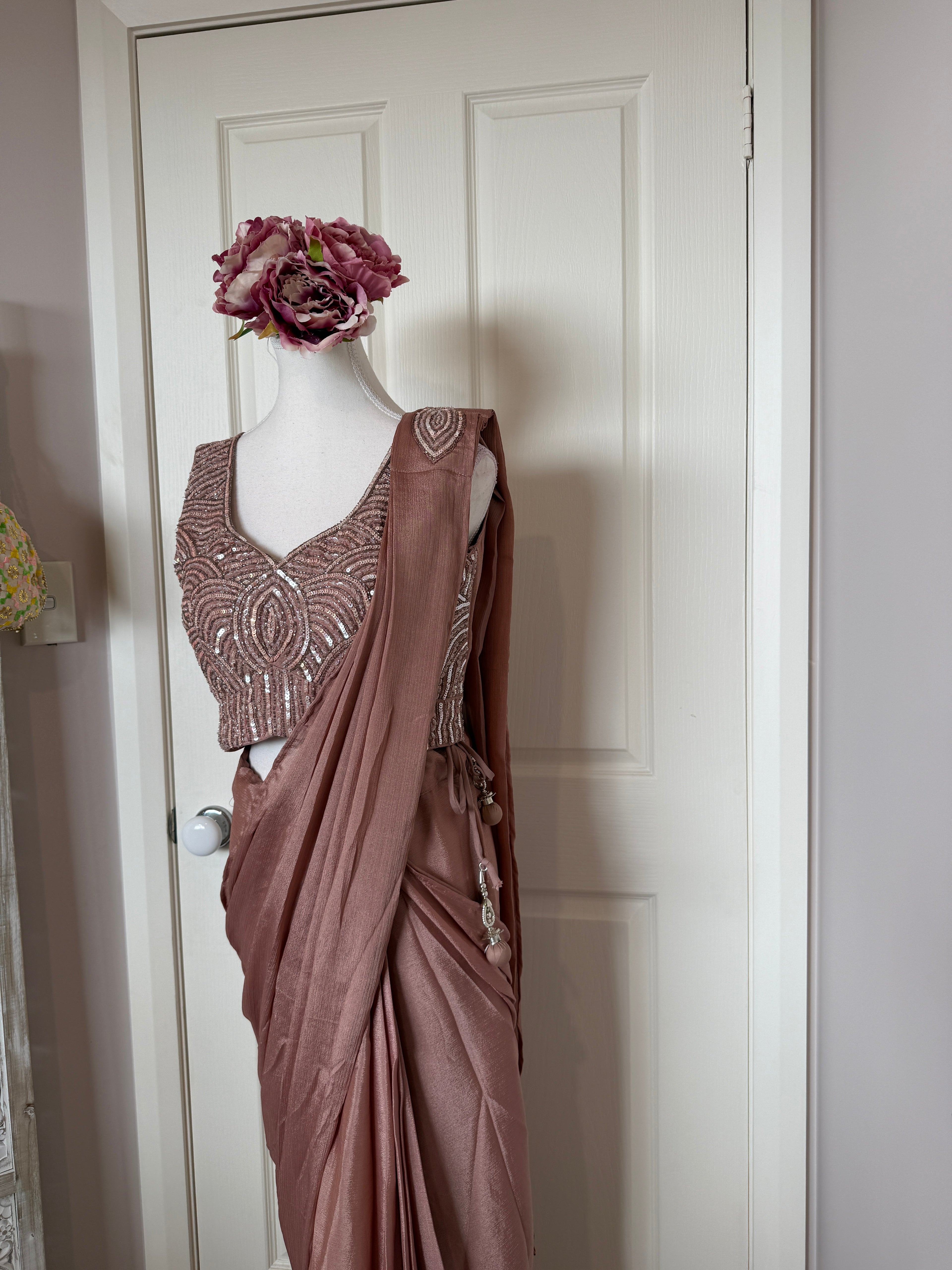 Rose Gold Ready-to-Wear Drape Saree with Sequinned Designer Blouse & Embellished Belt