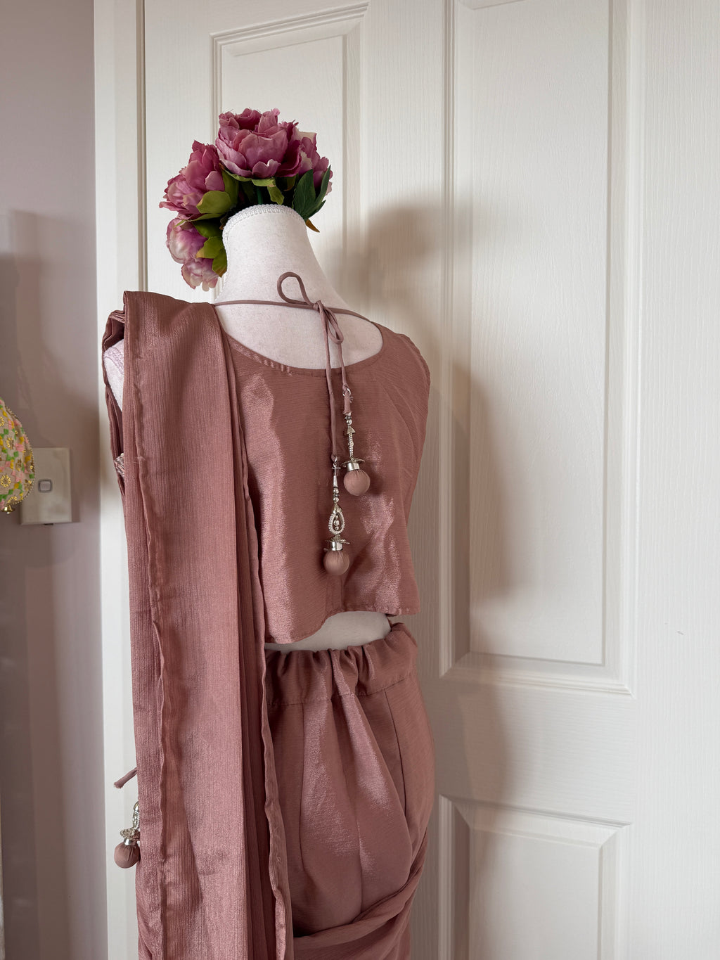 Rose Gold Ready-to-Wear Drape Saree with Sequinned Designer Blouse & Embellished Belt