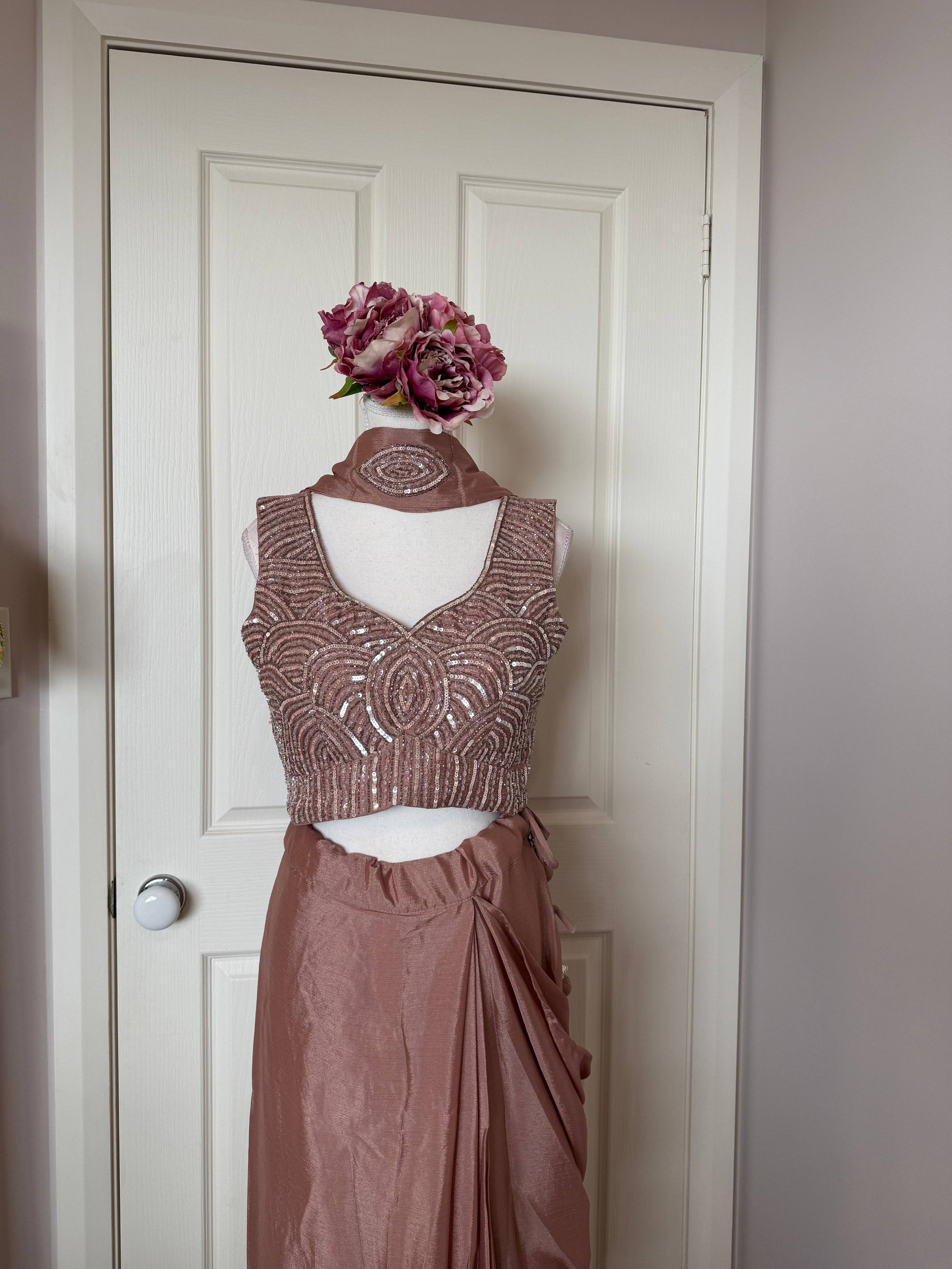 Rose Gold Ready-to-Wear Drape Saree with Sequinned Designer Blouse & Embellished Belt