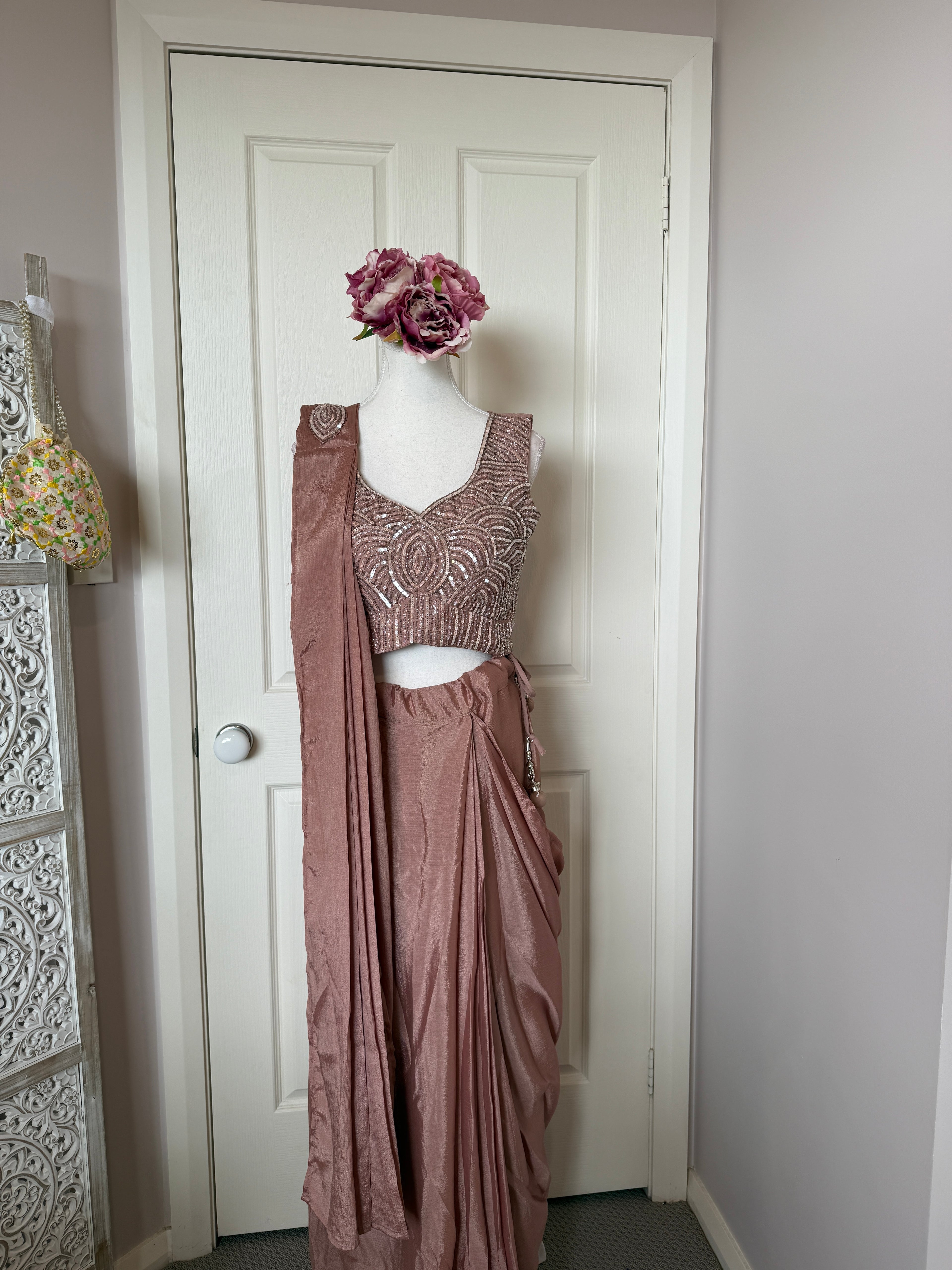 Rose Gold Ready-to-Wear Drape Saree with Sequinned Designer Blouse & Embellished Belt