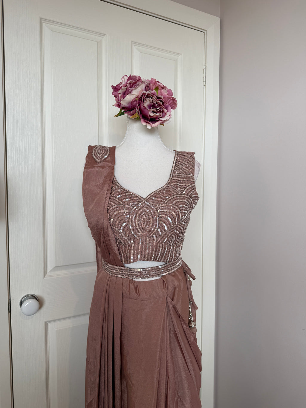 Rose Gold Ready-to-Wear Drape Saree with Sequinned Designer Blouse & Embellished Belt