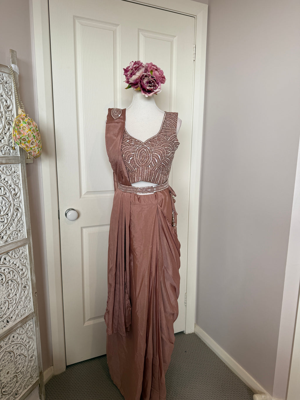 Rose Gold Ready-to-Wear Drape Saree with Sequinned Designer Blouse & Embellished Belt