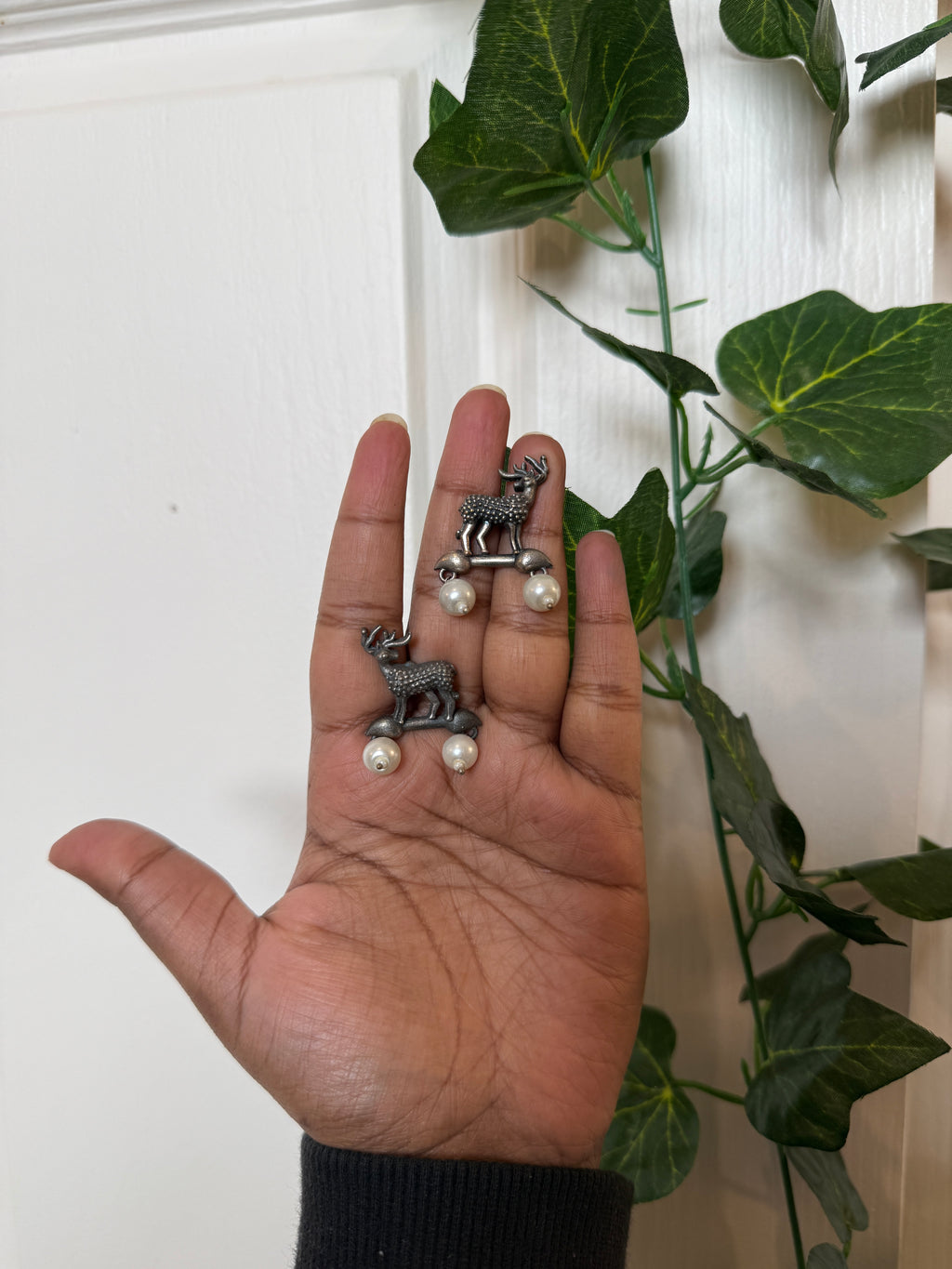 Pearl Deer Drop Earrings – Oxidised Brass Animal Motif Statement Earrings