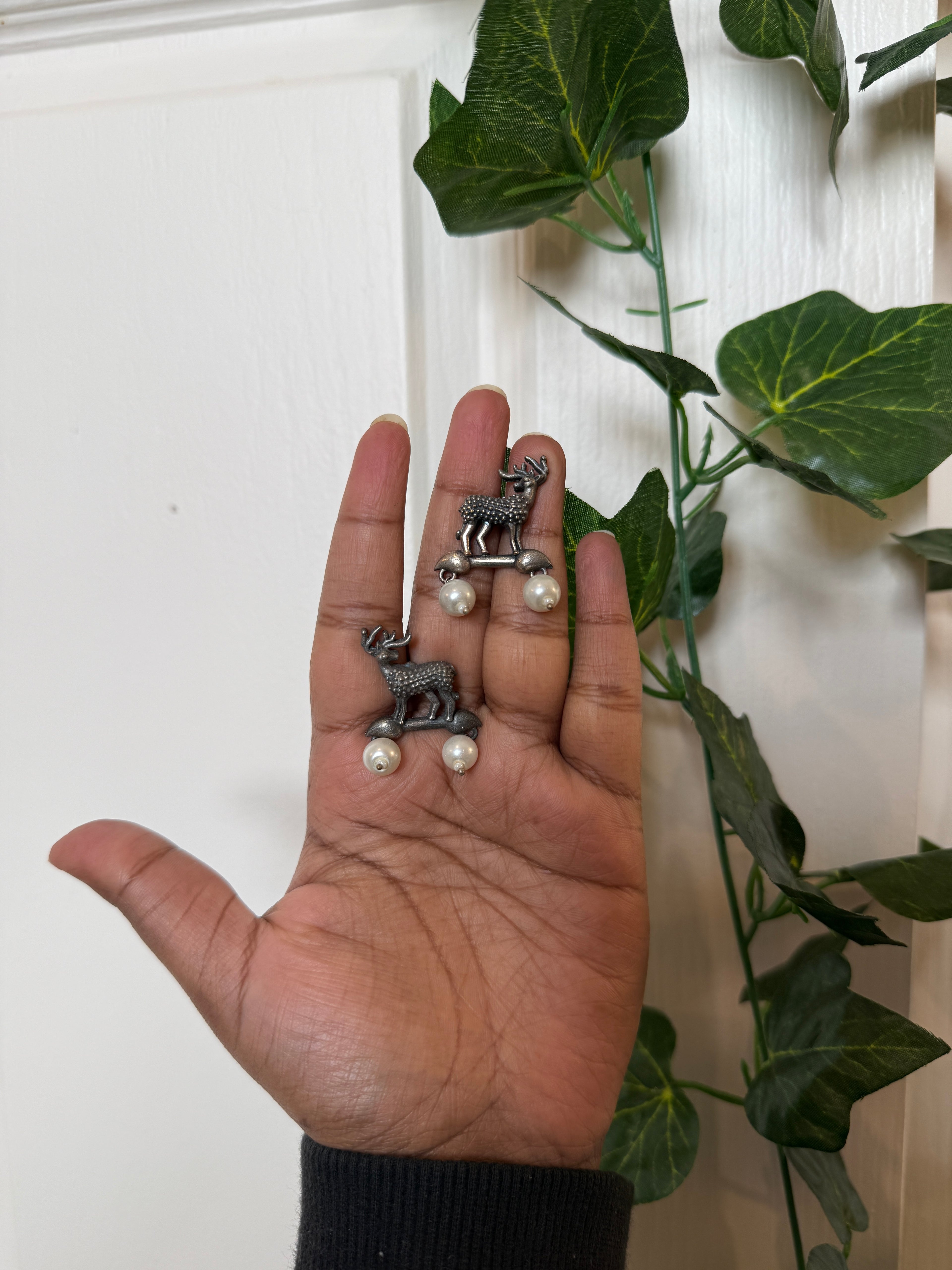 Pearl Deer Drop Earrings – Oxidised Brass Animal Motif Statement Earrings