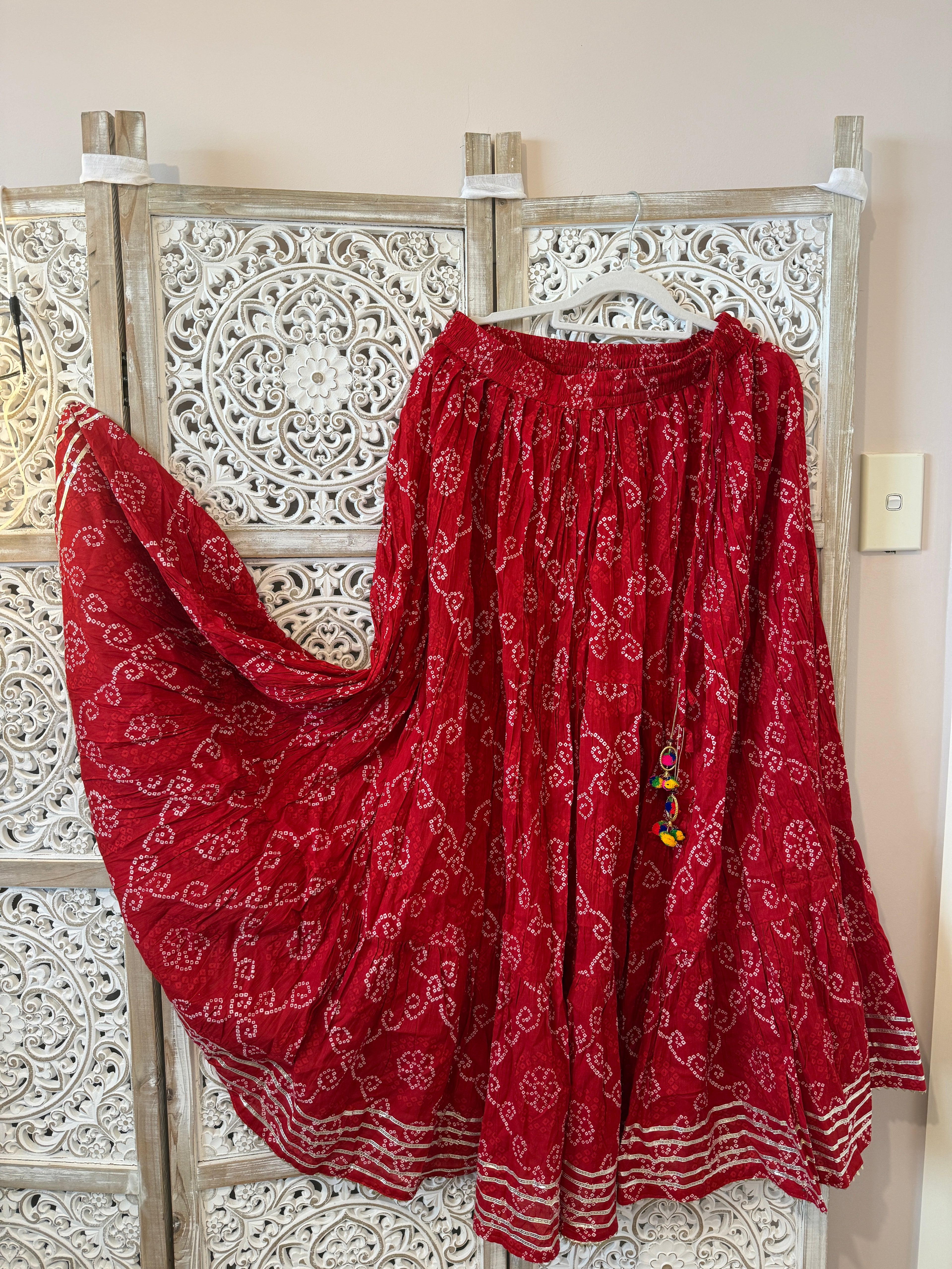 Bandhani Cotton Flared Skirt – Full Elastic Waist with Side Drawstrings