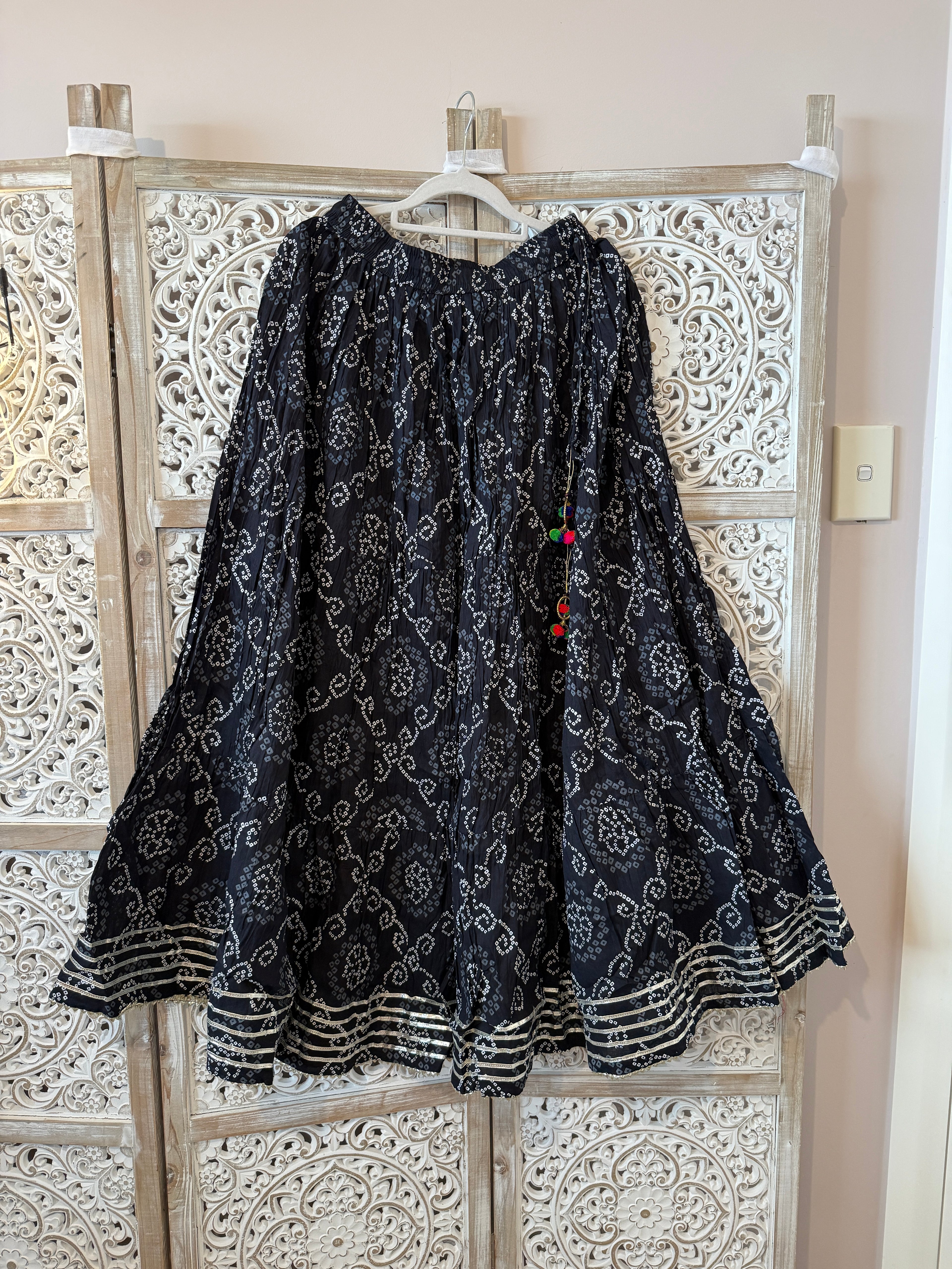 Bandhani Cotton Flared Skirt – Full Elastic Waist with Side Drawstrings
