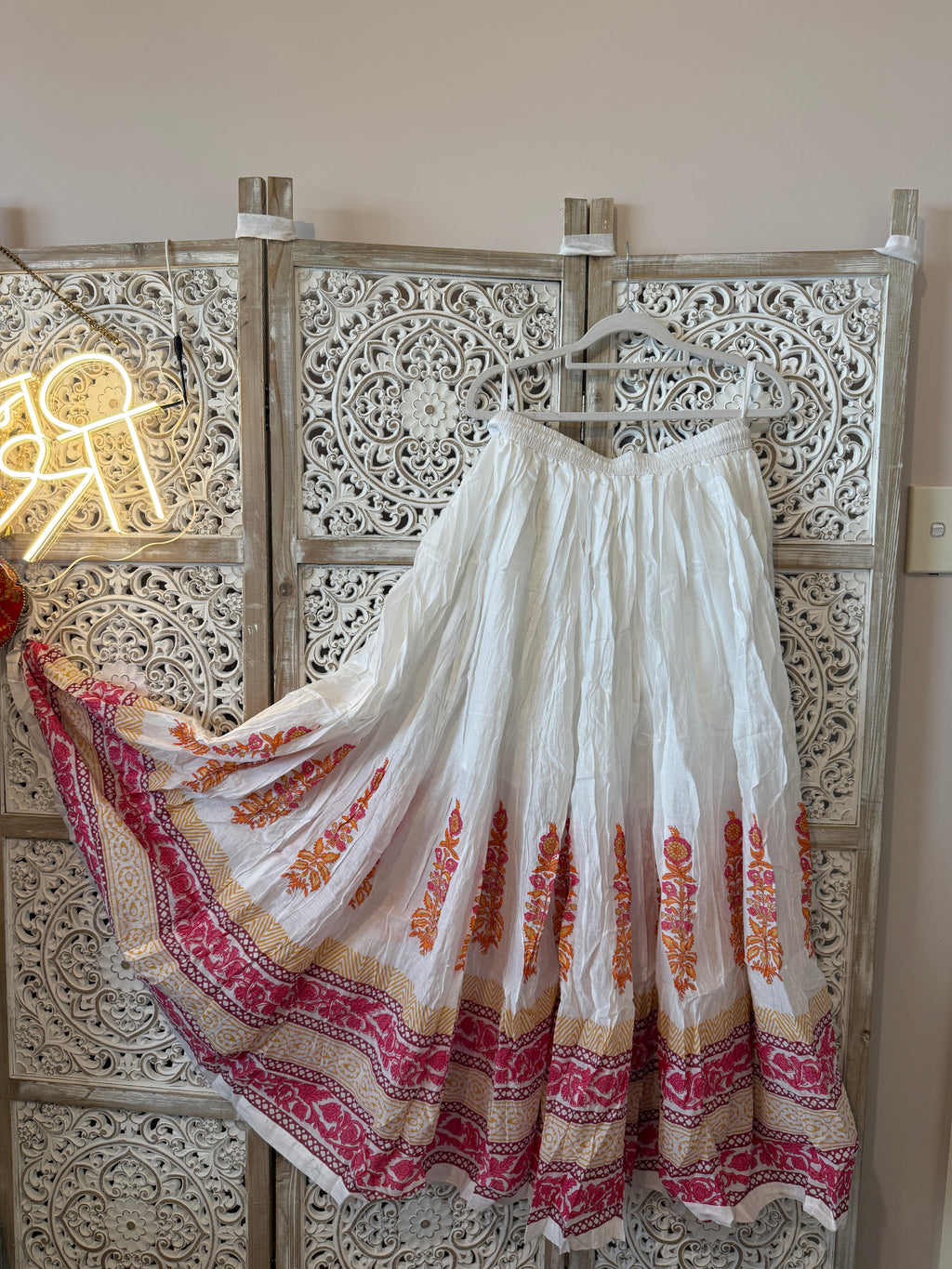 Cotton Block Print Flared Skirt with Elastic Waist & Side Drawstrings