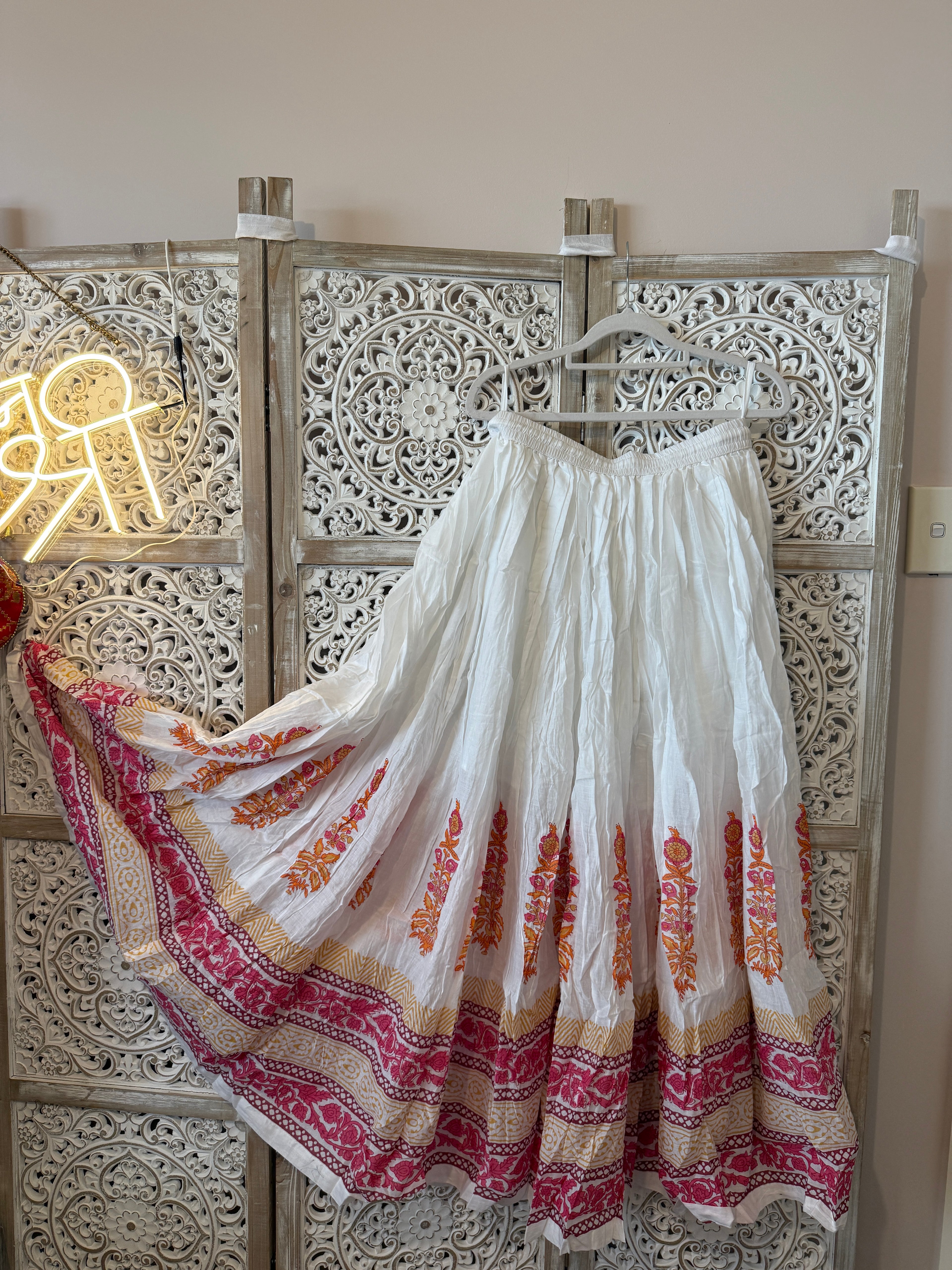 Cotton Block Print Flared Skirt with Elastic Waist & Side Drawstrings