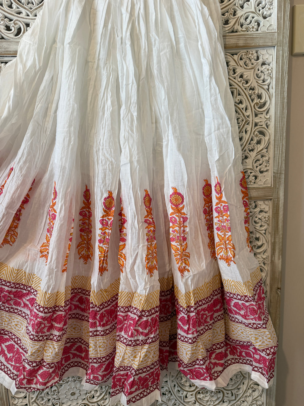 Cotton Block Print Flared Skirt with Elastic Waist & Side Drawstrings