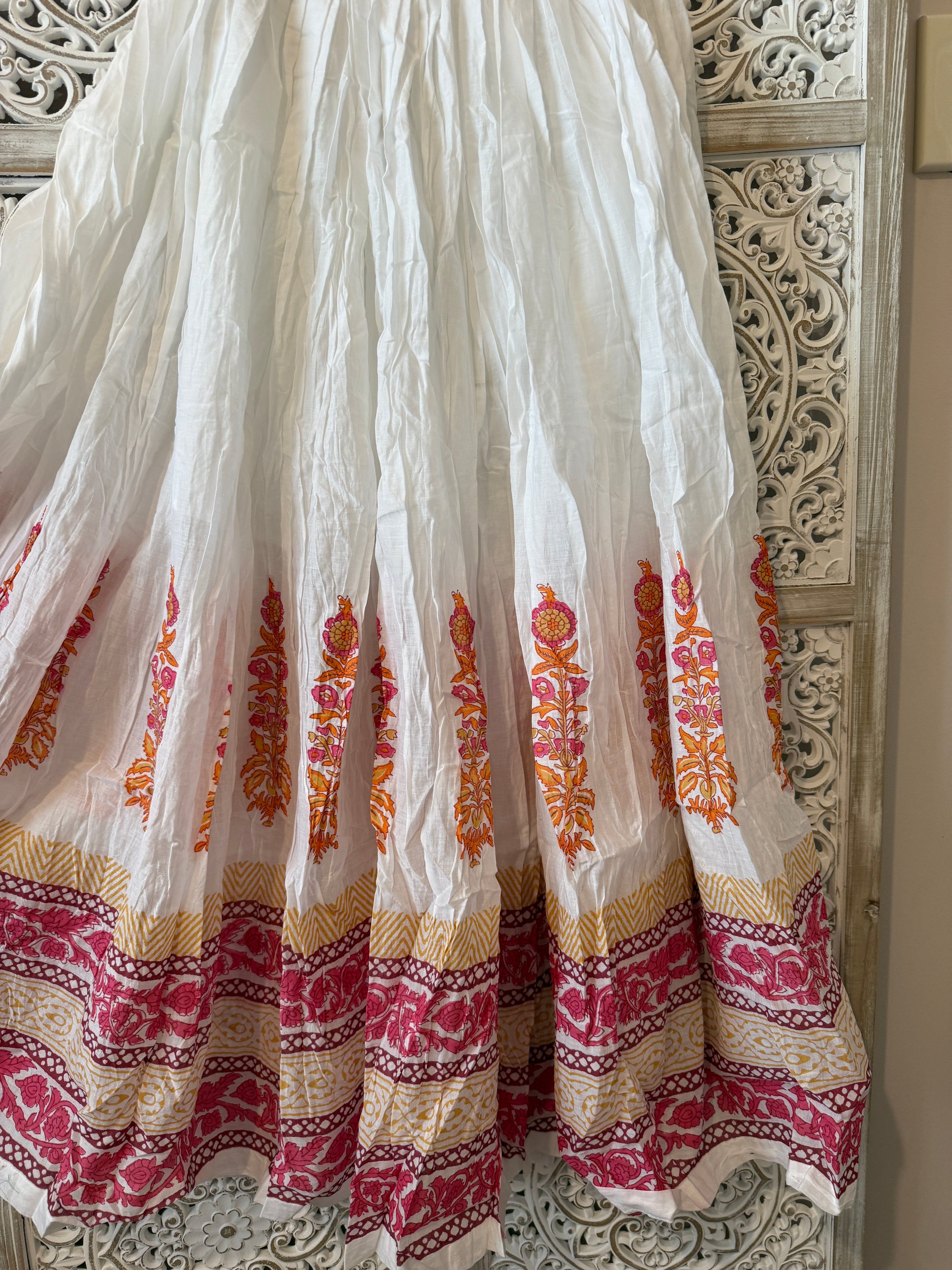 Cotton Block Print Flared Skirt with Elastic Waist & Side Drawstrings