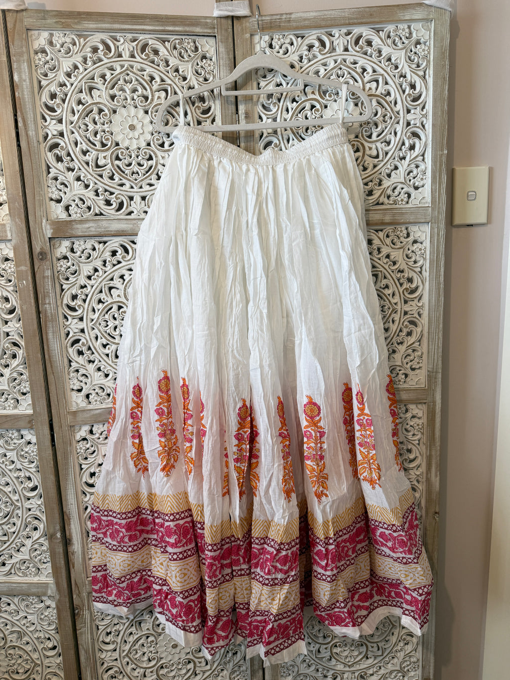 Cotton Block Print Flared Skirt with Elastic Waist & Side Drawstrings