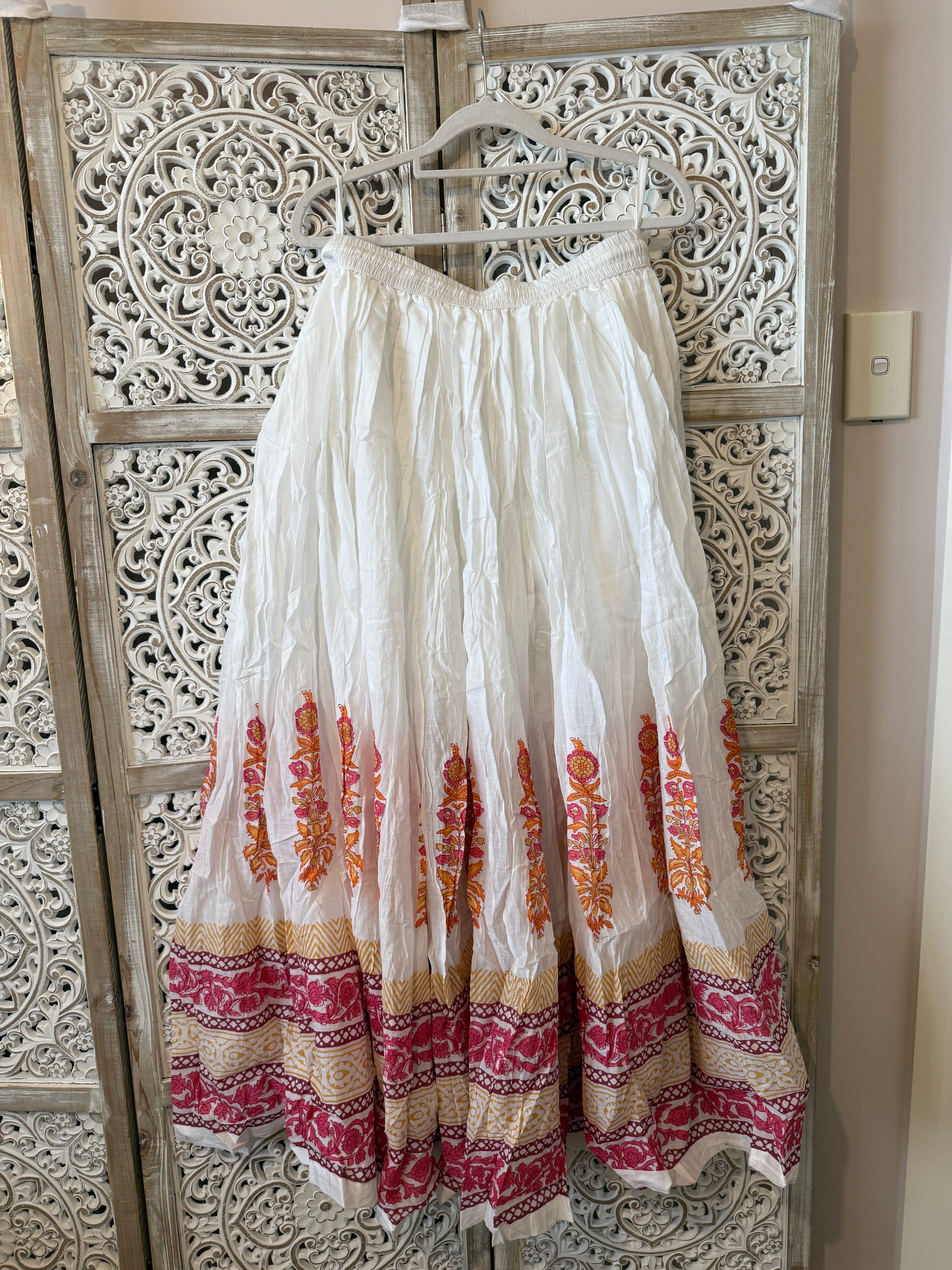 Cotton Block Print Flared Skirt with Elastic Waist & Side Drawstrings