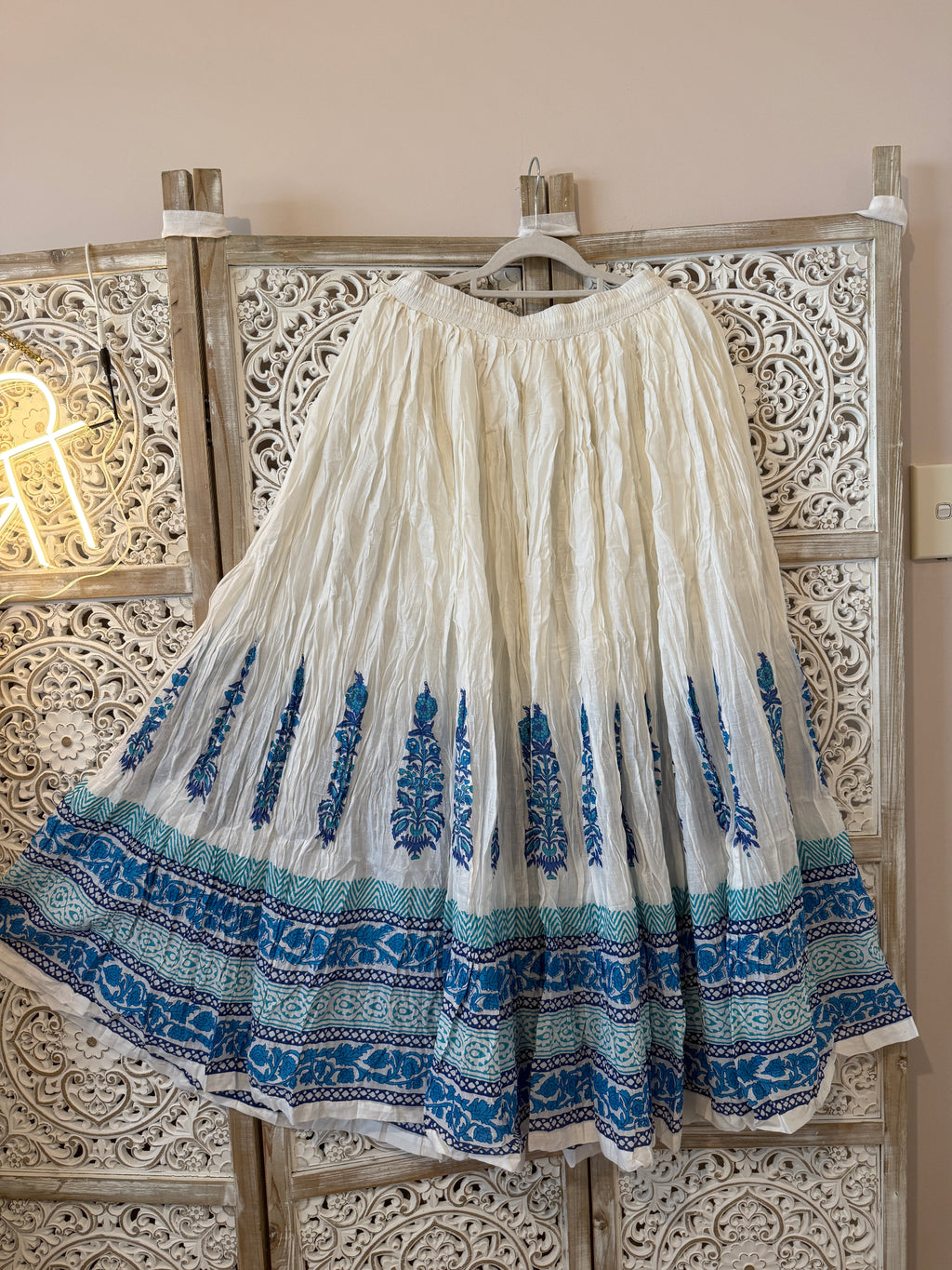 Cotton Block Print Flared Skirt with Elastic Waist & Side Drawstrings