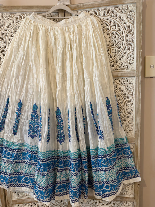 Cotton Block Print Flared Skirt with Elastic Waist & Side Drawstrings
