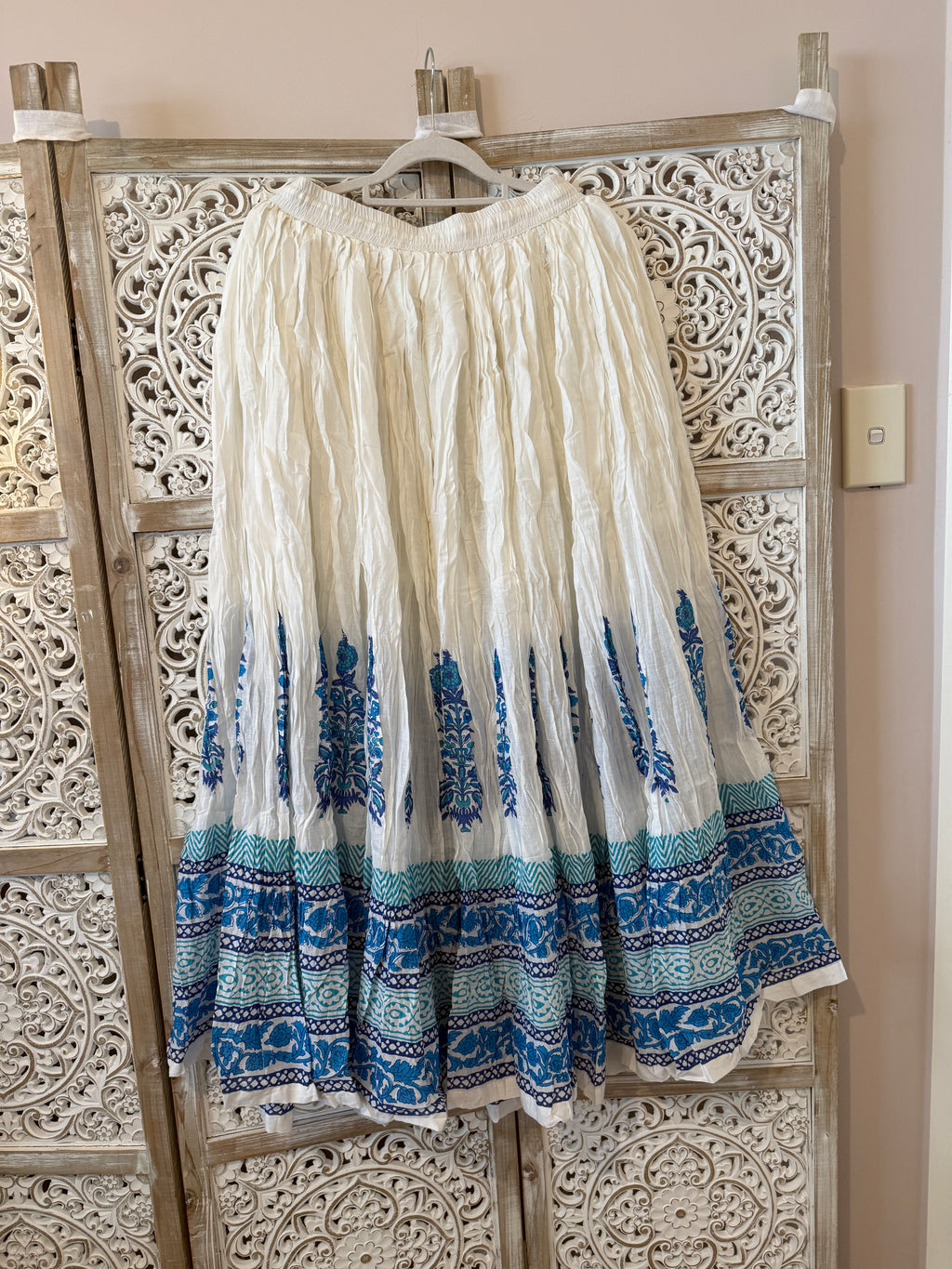 Cotton Block Print Flared Skirt with Elastic Waist & Side Drawstrings