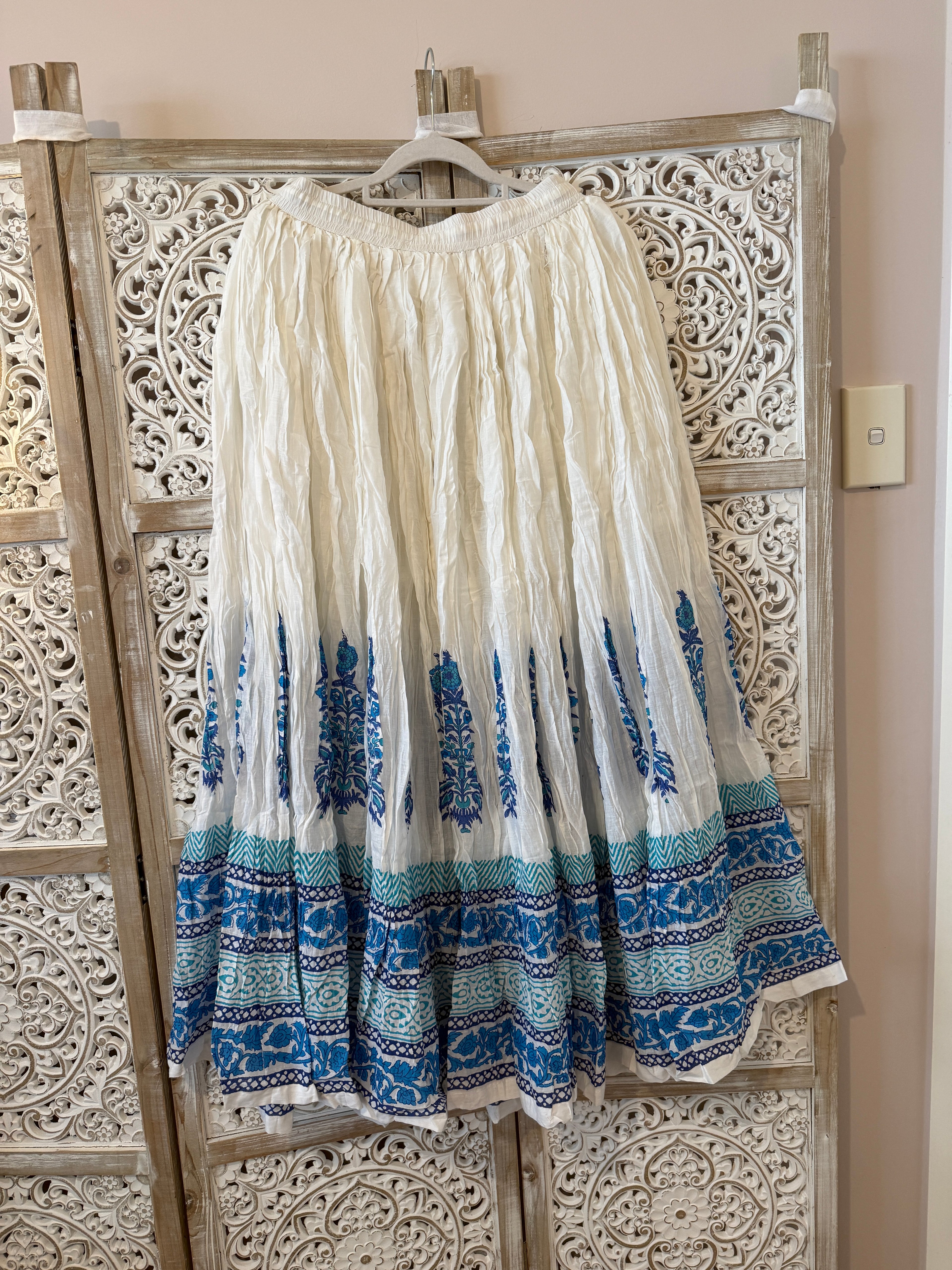 Cotton Block Print Flared Skirt with Elastic Waist & Side Drawstrings