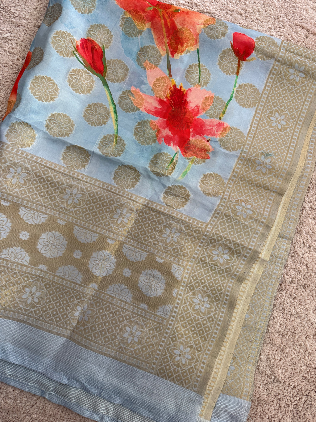 Pure Digital Print Banarasi Dupatta- Powder Blue