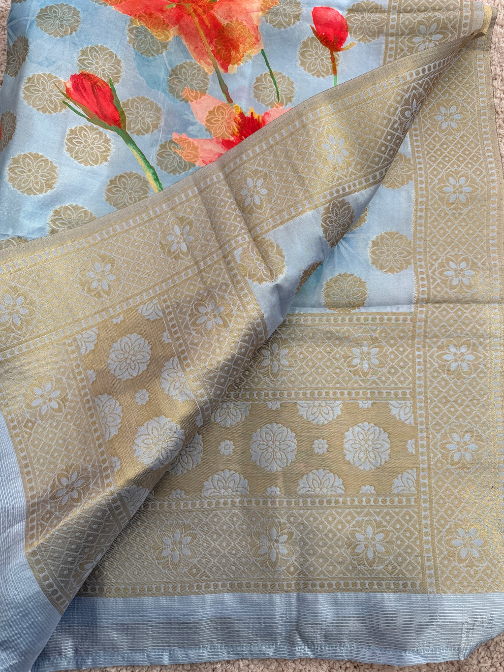 Pure Digital Print Banarasi Dupatta- Powder Blue
