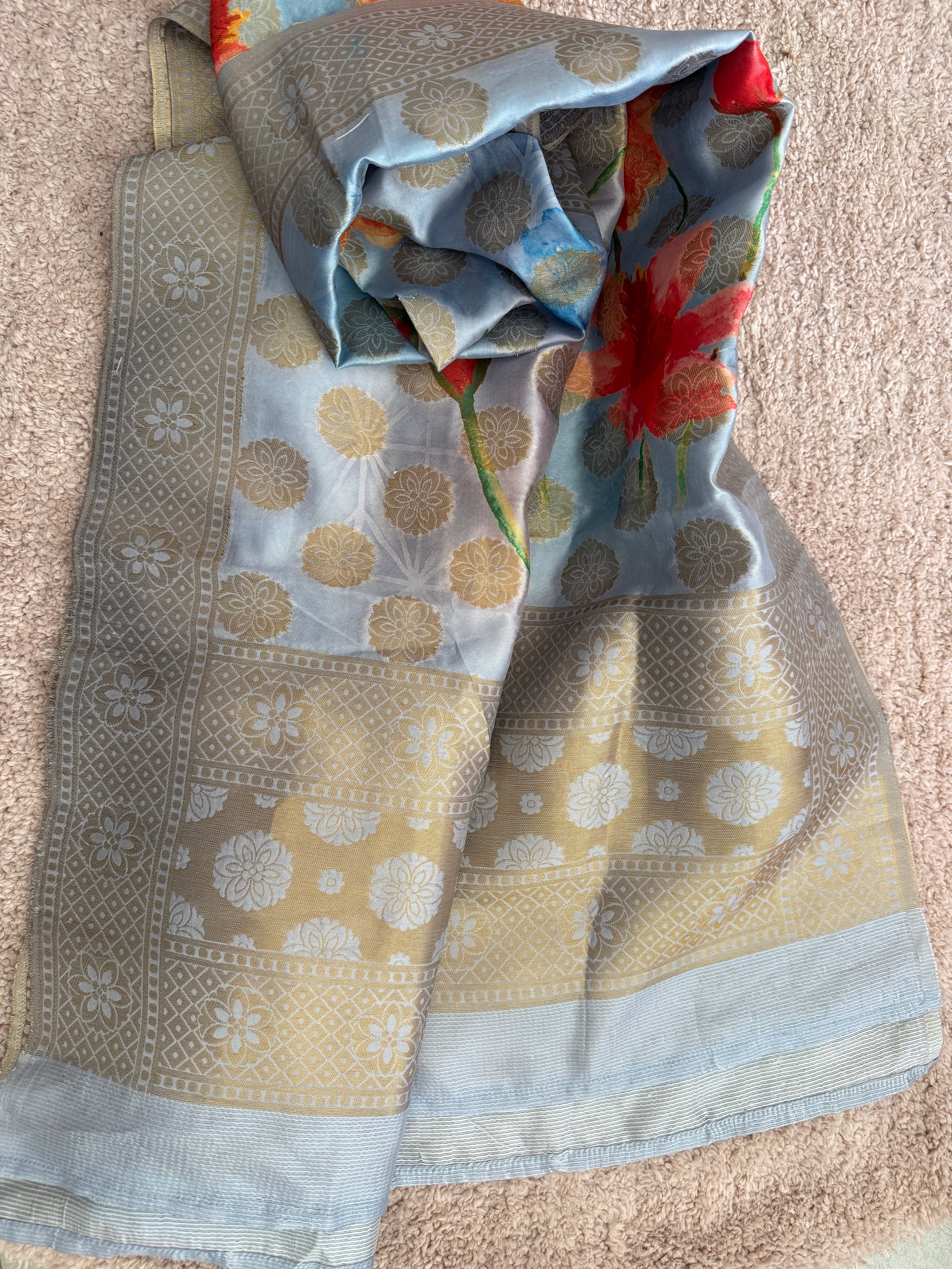 Pure Digital Print Banarasi Dupatta- Powder Blue