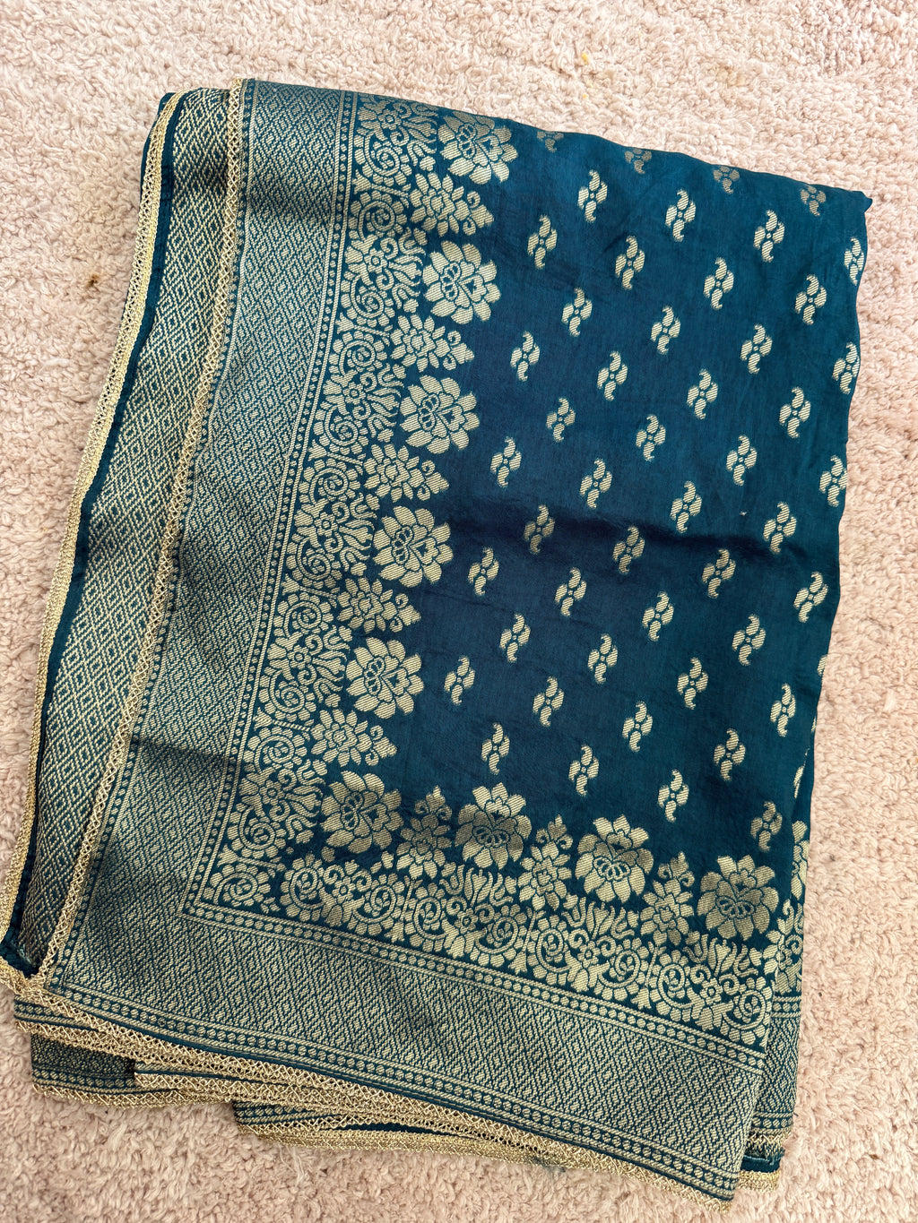 Pure Banarasi Silk Woven Dupatta with Floral Border & Butti - Blue