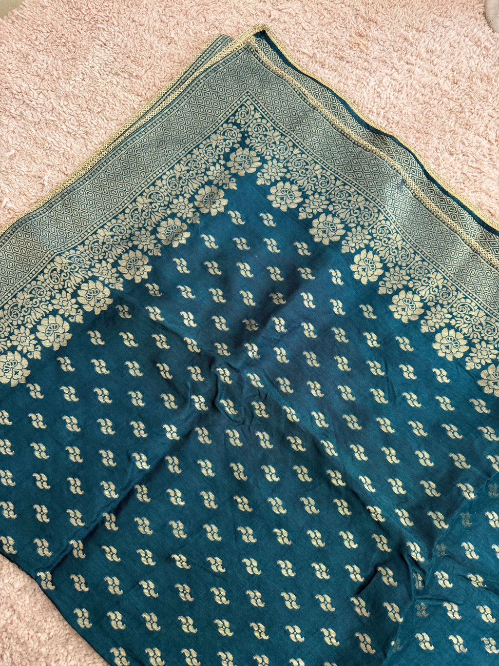 Pure Banarasi Silk Woven Dupatta with Floral Border & Butti - Blue