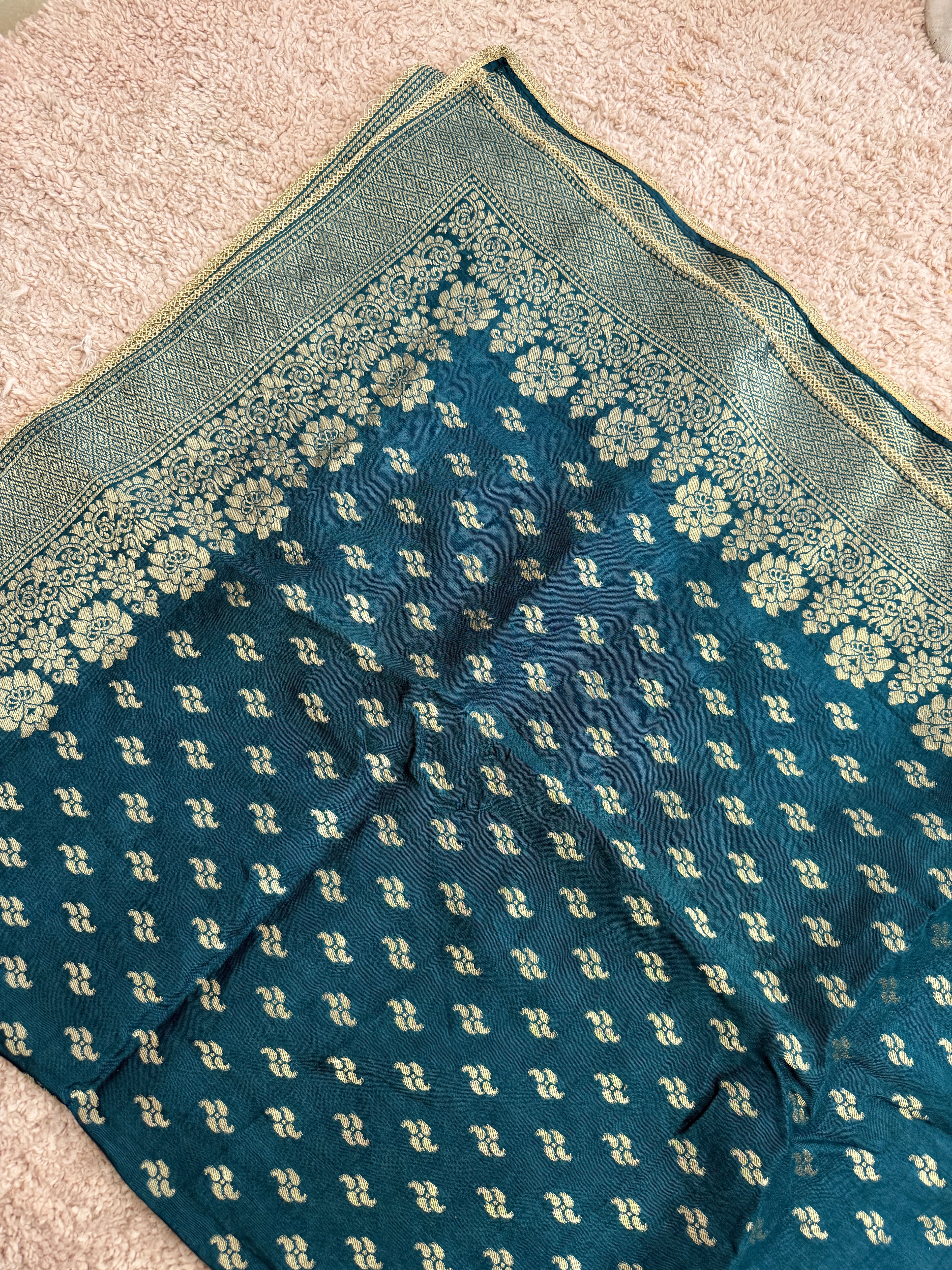 Pure Banarasi Silk Woven Dupatta with Floral Border & Butti - Blue