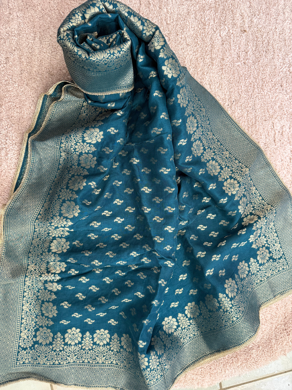 Pure Banarasi Silk Woven Dupatta with Floral Border & Butti - Blue