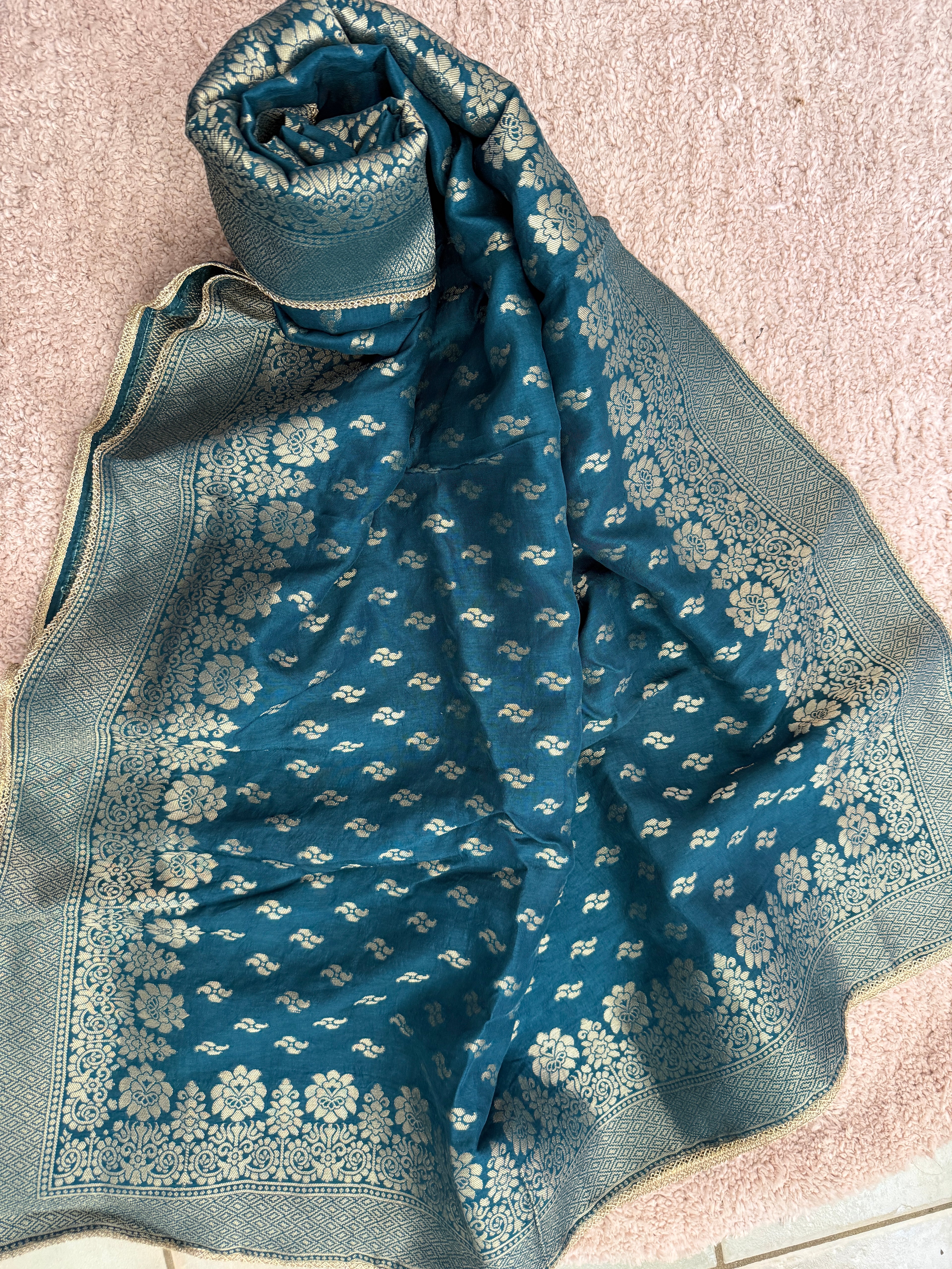 Pure Banarasi Silk Woven Dupatta with Floral Border & Butti - Blue