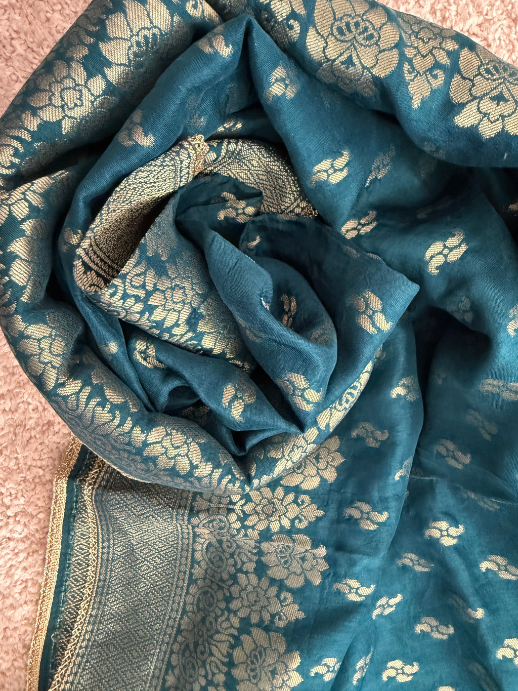 Pure Banarasi Silk Woven Dupatta with Floral Border & Butti - Blue