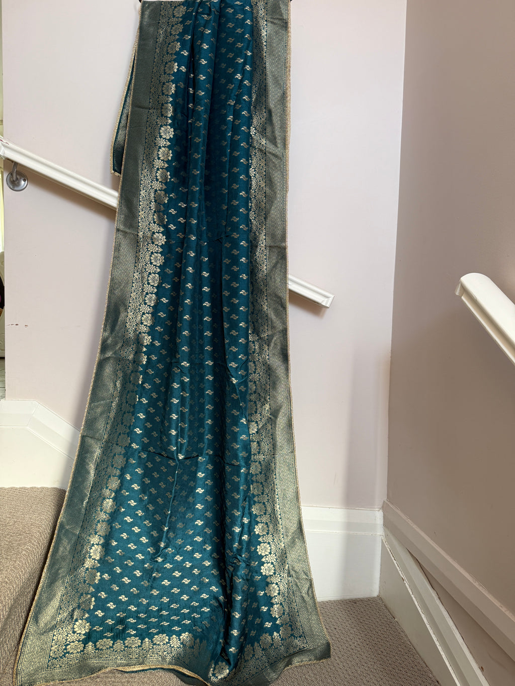 Pure Banarasi Silk Woven Dupatta with Floral Border & Butti - Blue