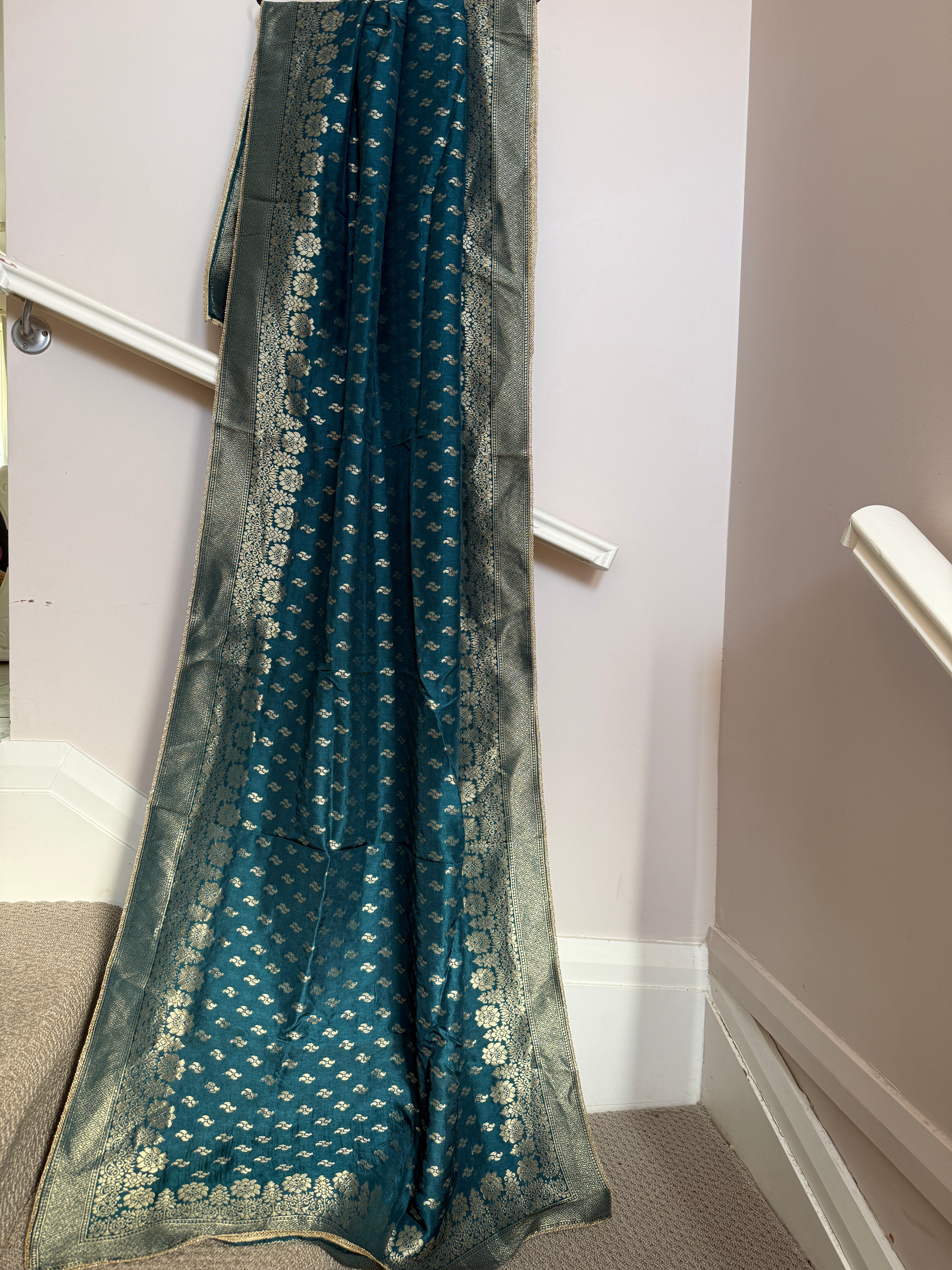 Pure Banarasi Silk Woven Dupatta with Floral Border & Butti - Blue