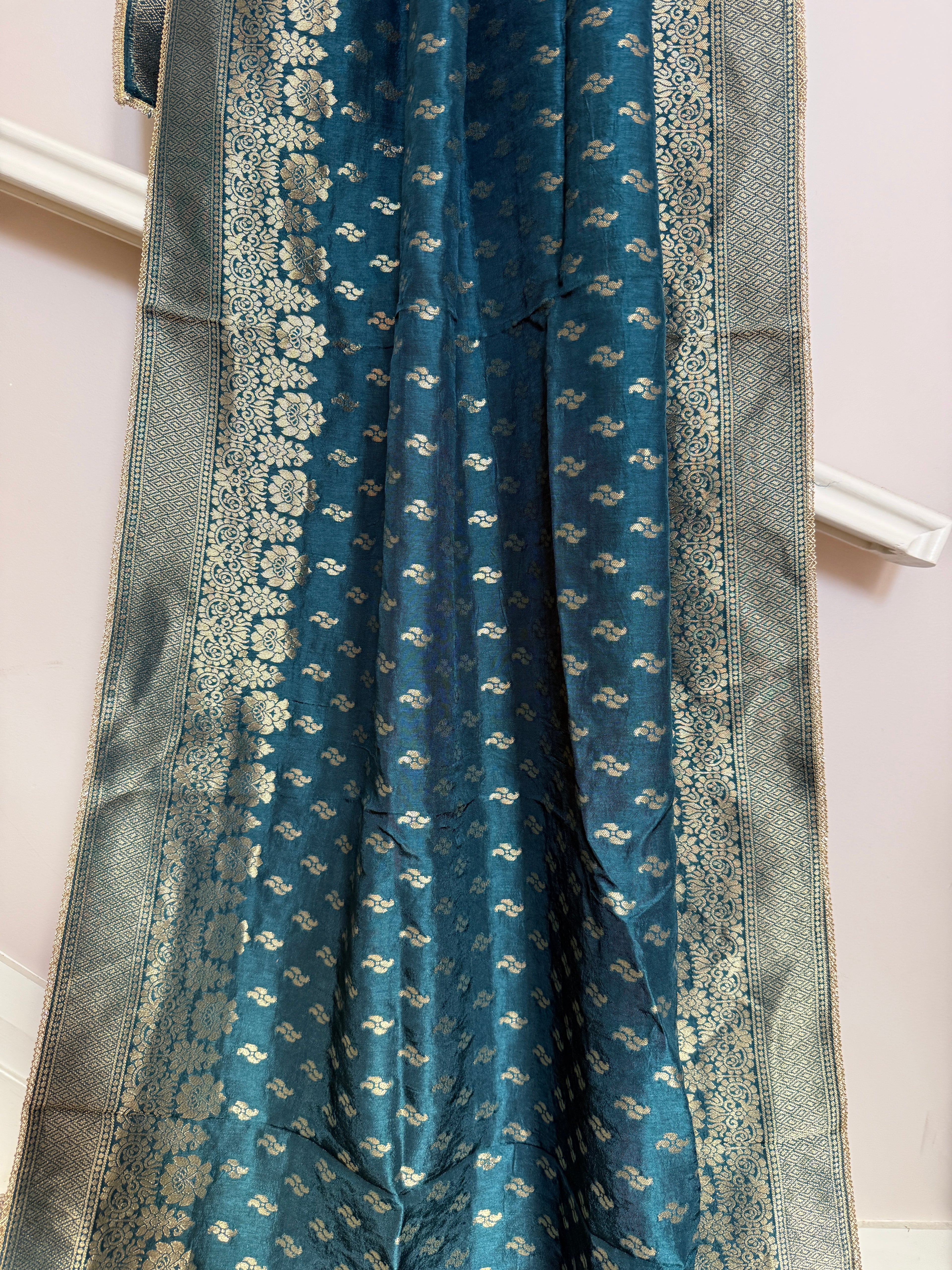 Pure Banarasi Silk Woven Dupatta with Floral Border & Butti - Blue