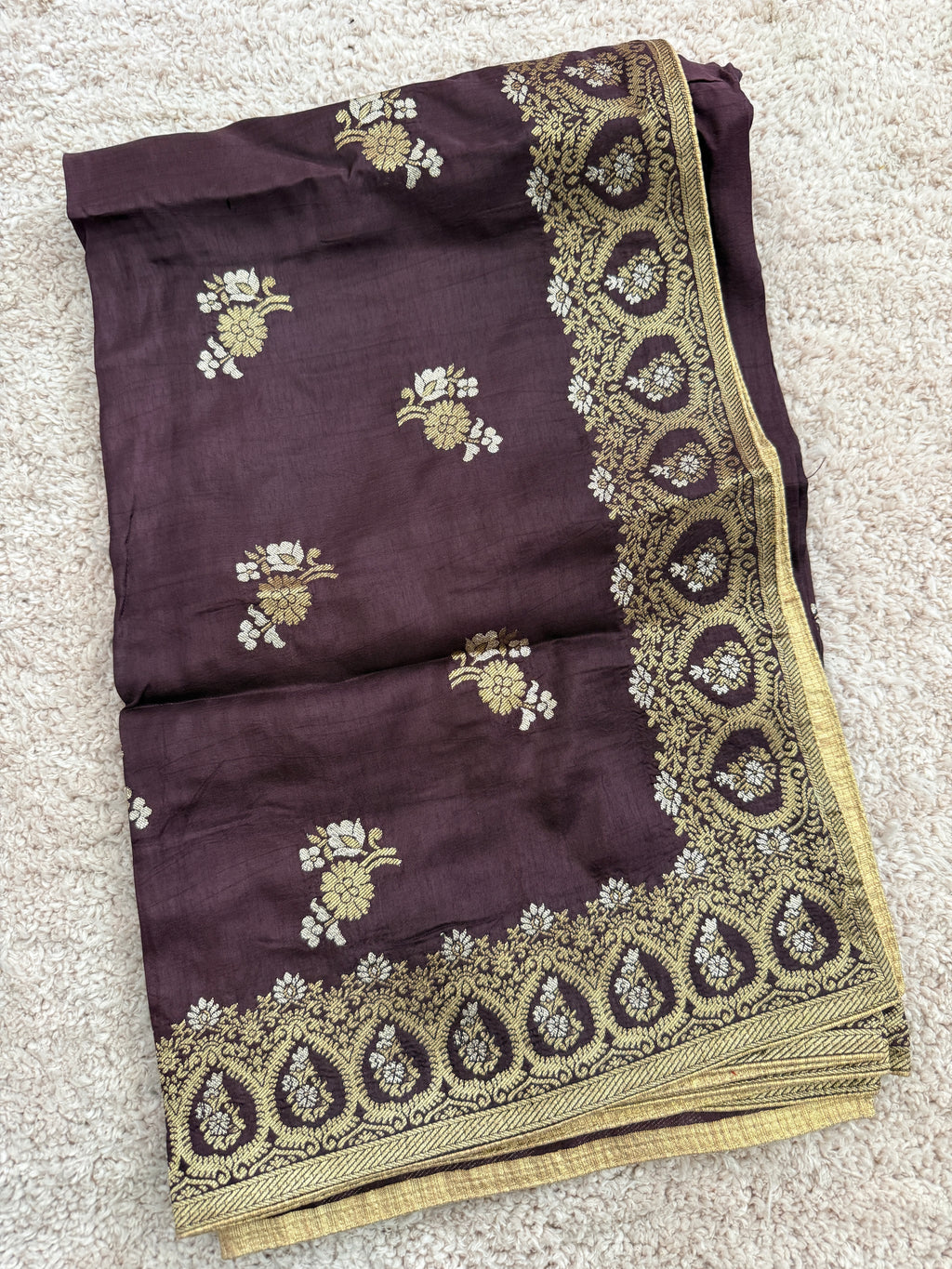 Pure Banarasi Silk Woven Dupatta with Floral Butti & Traditional Border- Deep Plum