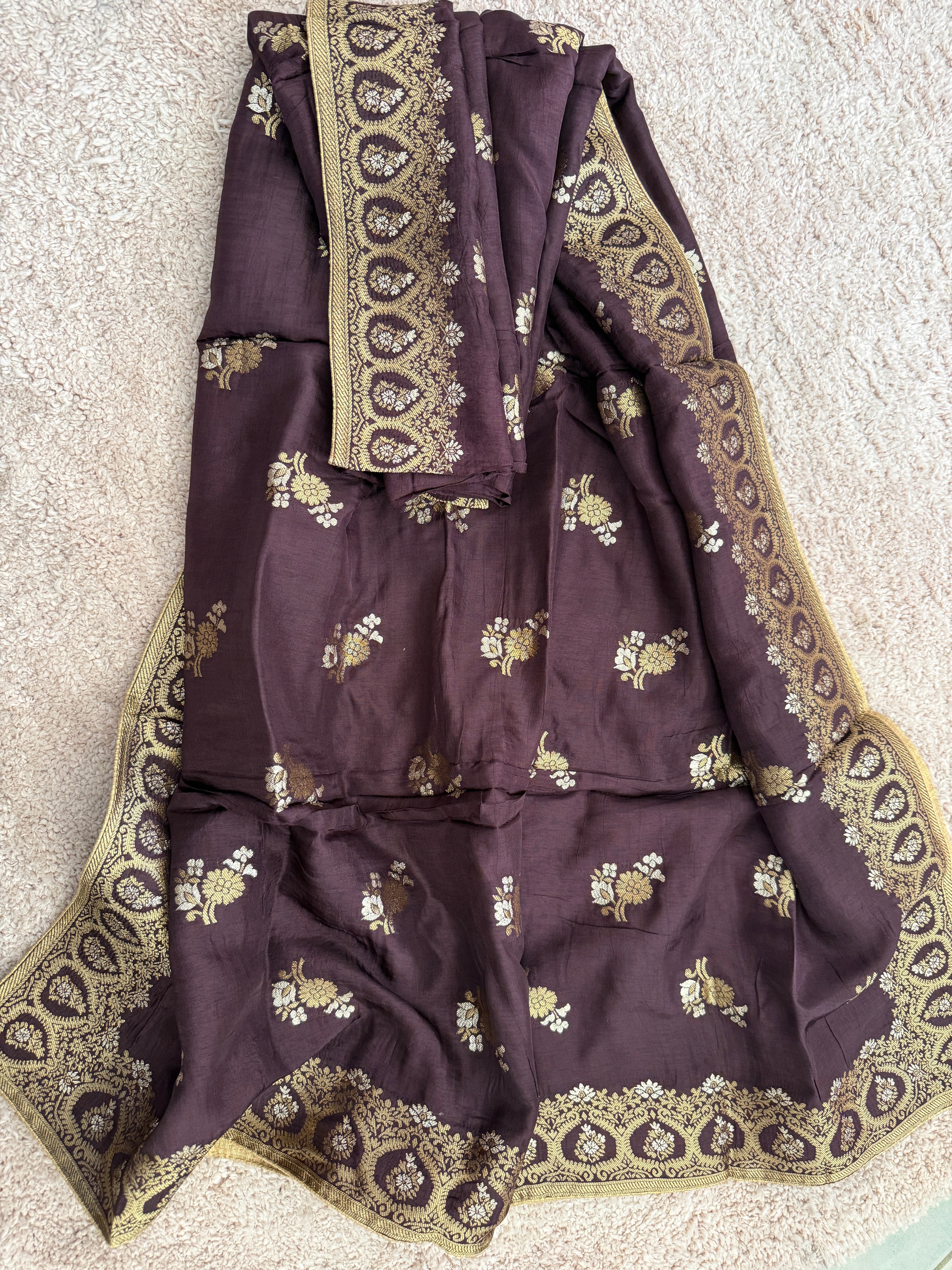 Pure Banarasi Silk Woven Dupatta with Floral Butti & Traditional Border- Deep Plum