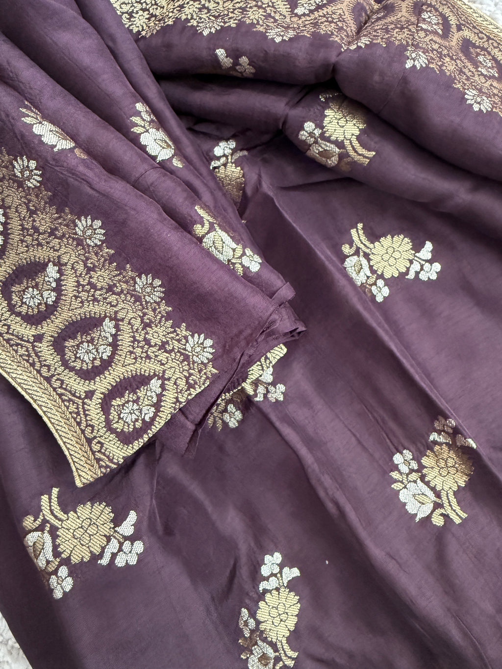 Pure Banarasi Silk Woven Dupatta with Floral Butti & Traditional Border- Deep Plum